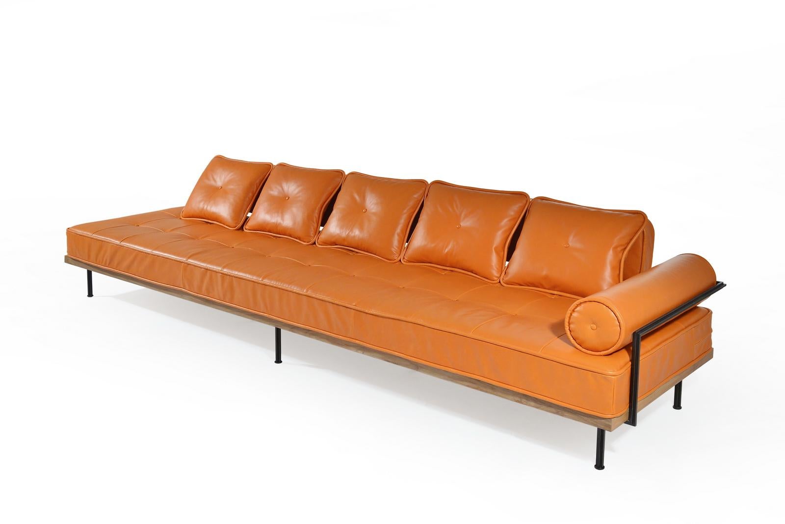 Corner Leather Sofa in Reclaimed Hardwood and Sand Cast Brass, by P. Tendercool For Sale 2