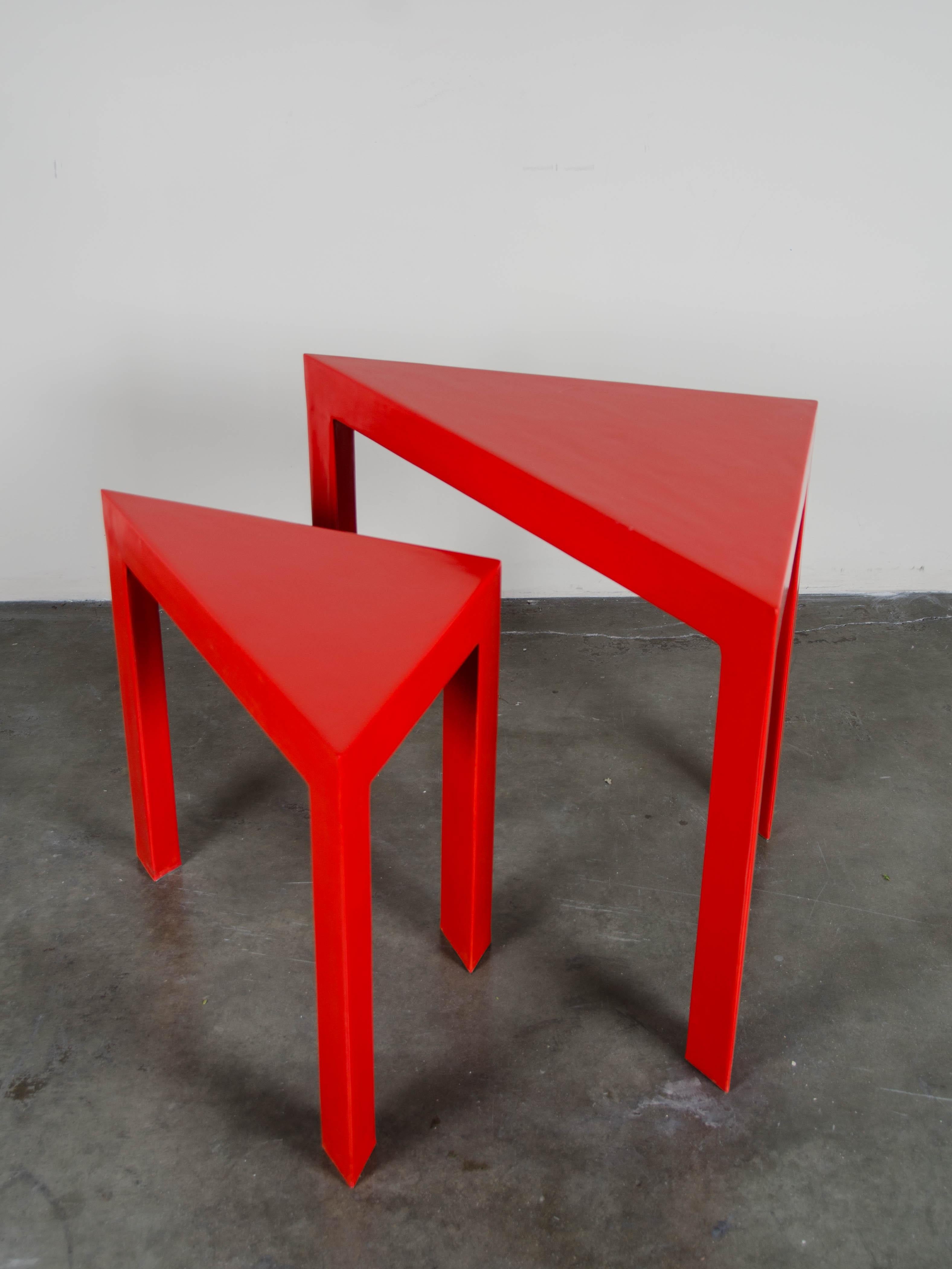 Contemporary Corner Nesting Table, Red Lacquer by Robert Kuo, Set of 2, Limited Edition For Sale