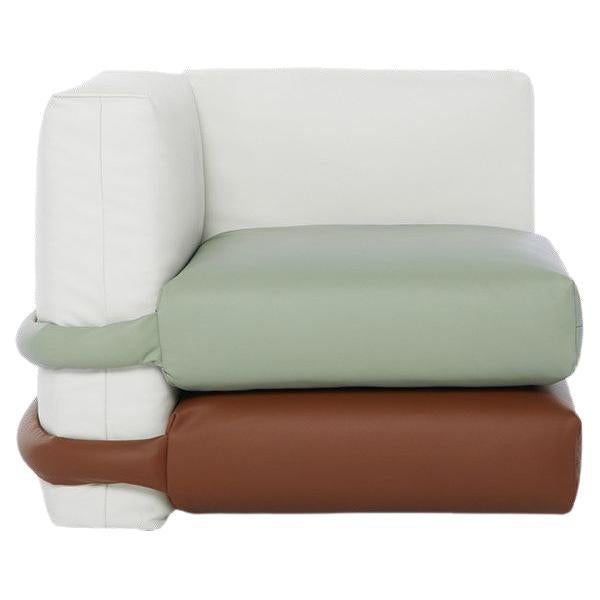 Corner "Pillow Sofa" by Muller Van Severen in leather, white, brown, mint green