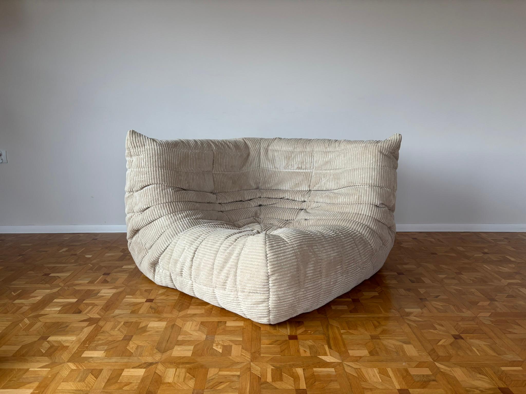 The Togo was designed by Michel Ducaroy in 1973 for Ligne Roset. It is the first sofa/chair ever made only of foam and leather. The collection features an ergonomic design with polyether foam construction and padded covers, making each piece both