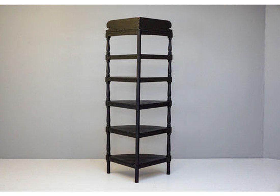 Pine corner shelf unit / wotnot in original black paint finish.
England Circa 1850.