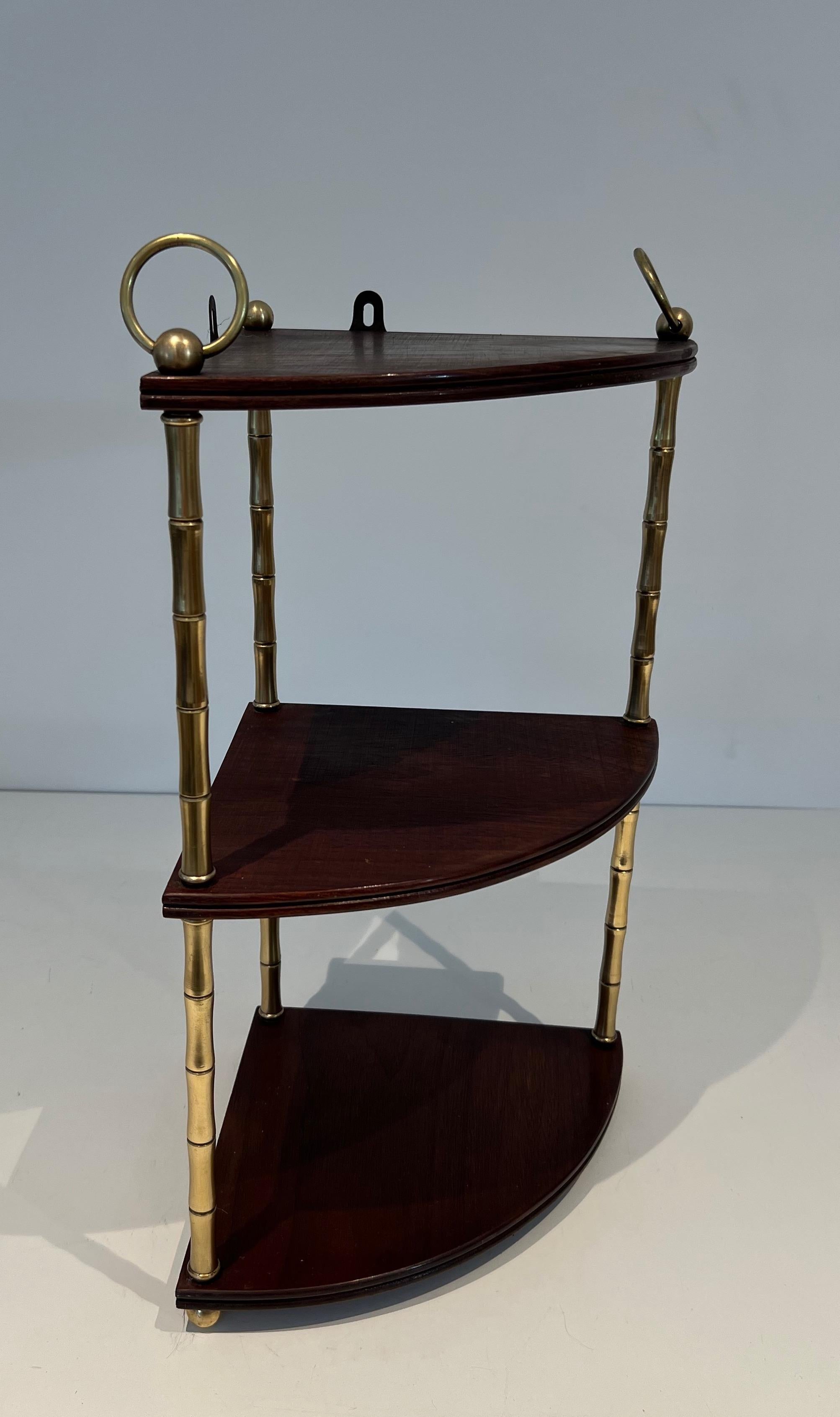 Mid-20th Century Corner Shelves Made of Faux-Bamboo Brass and Wood in the Style of Maison Baguès For Sale
