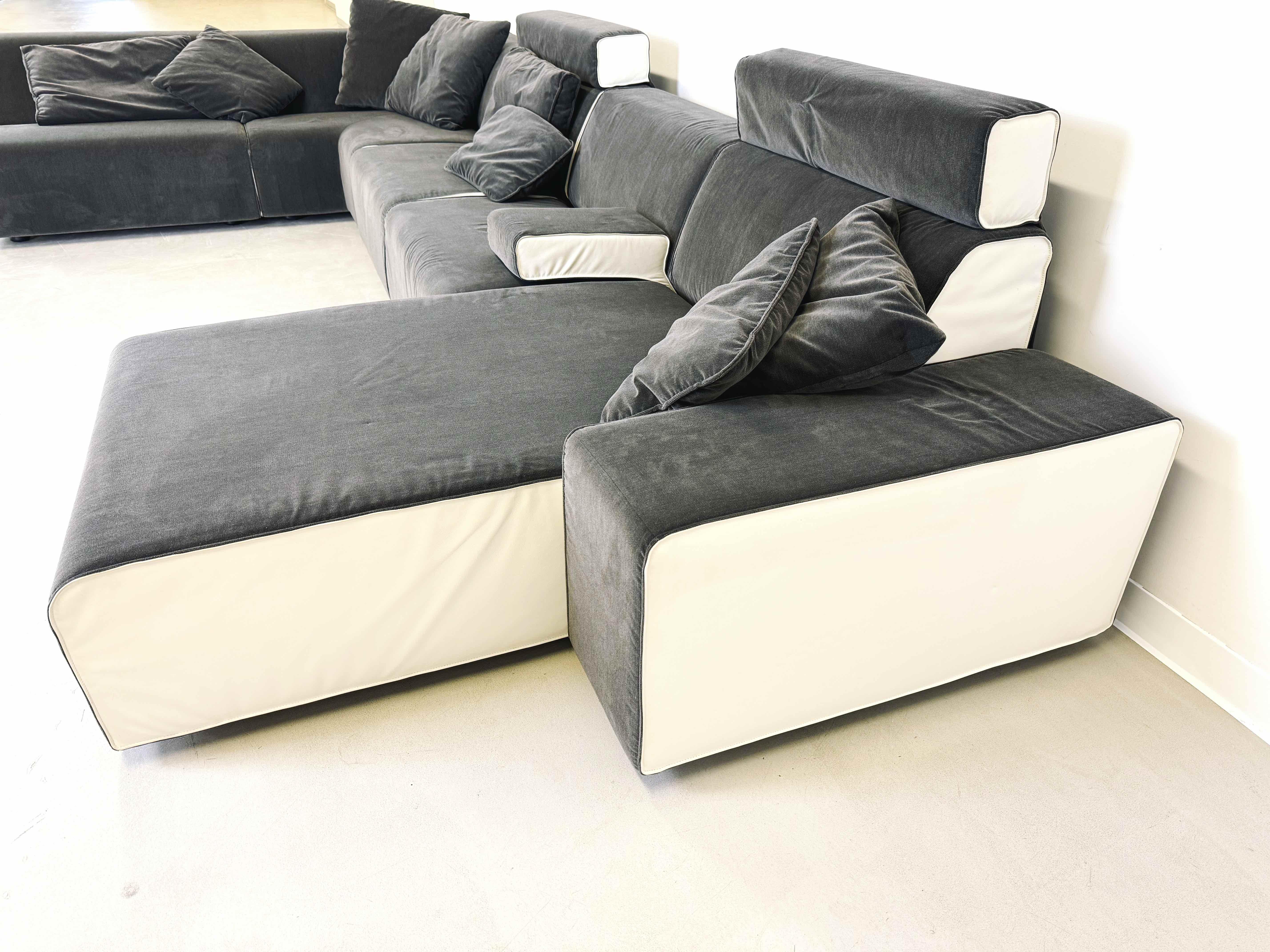 Cuir Canapé d'angle Couch COR Kelp tissu ( velours) cuir gris blanc design en vente