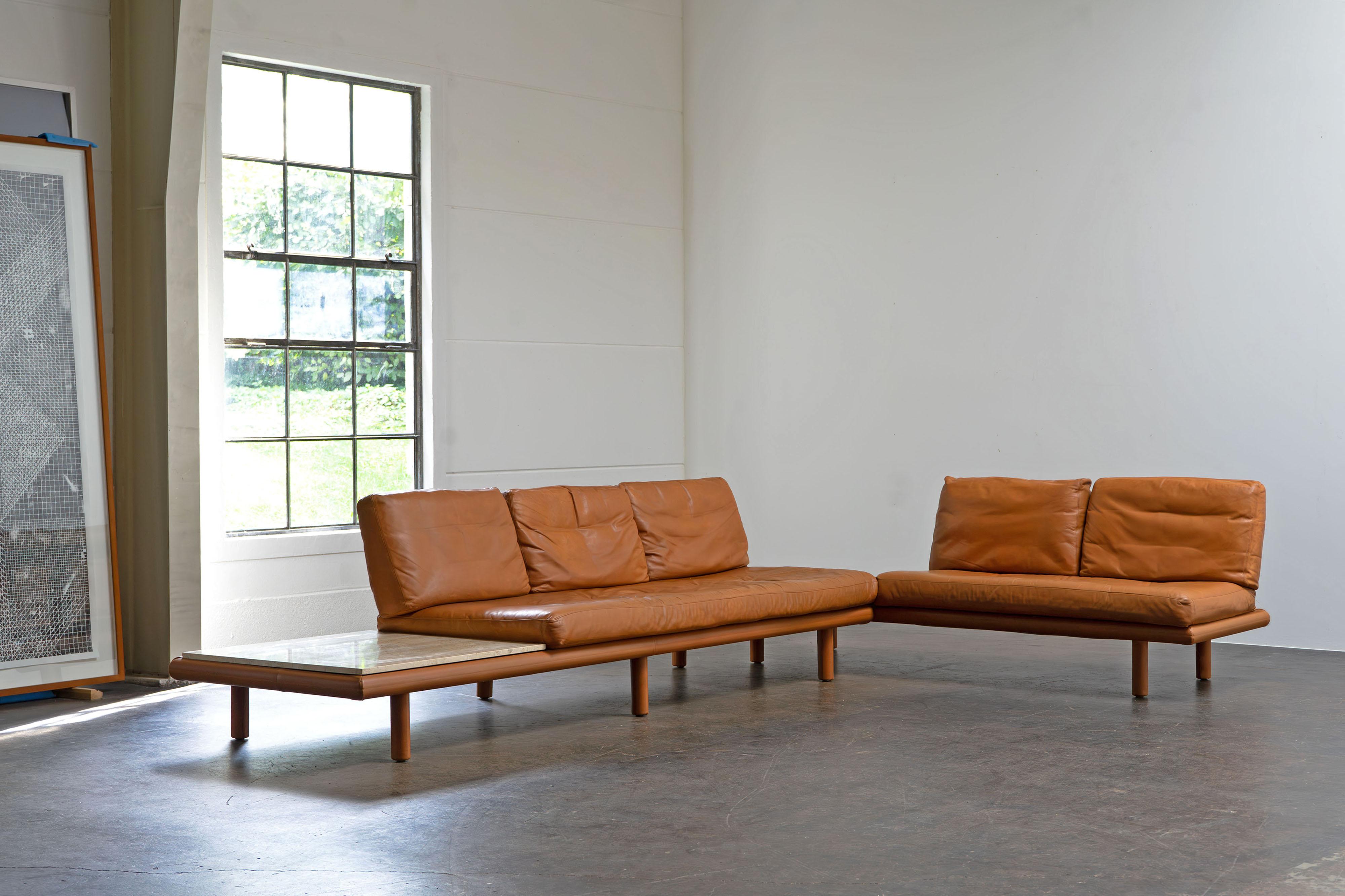 Mid-Century Modern Corner Sofa Franz Köttgen for Kill International Leather and Travertine, 1960s