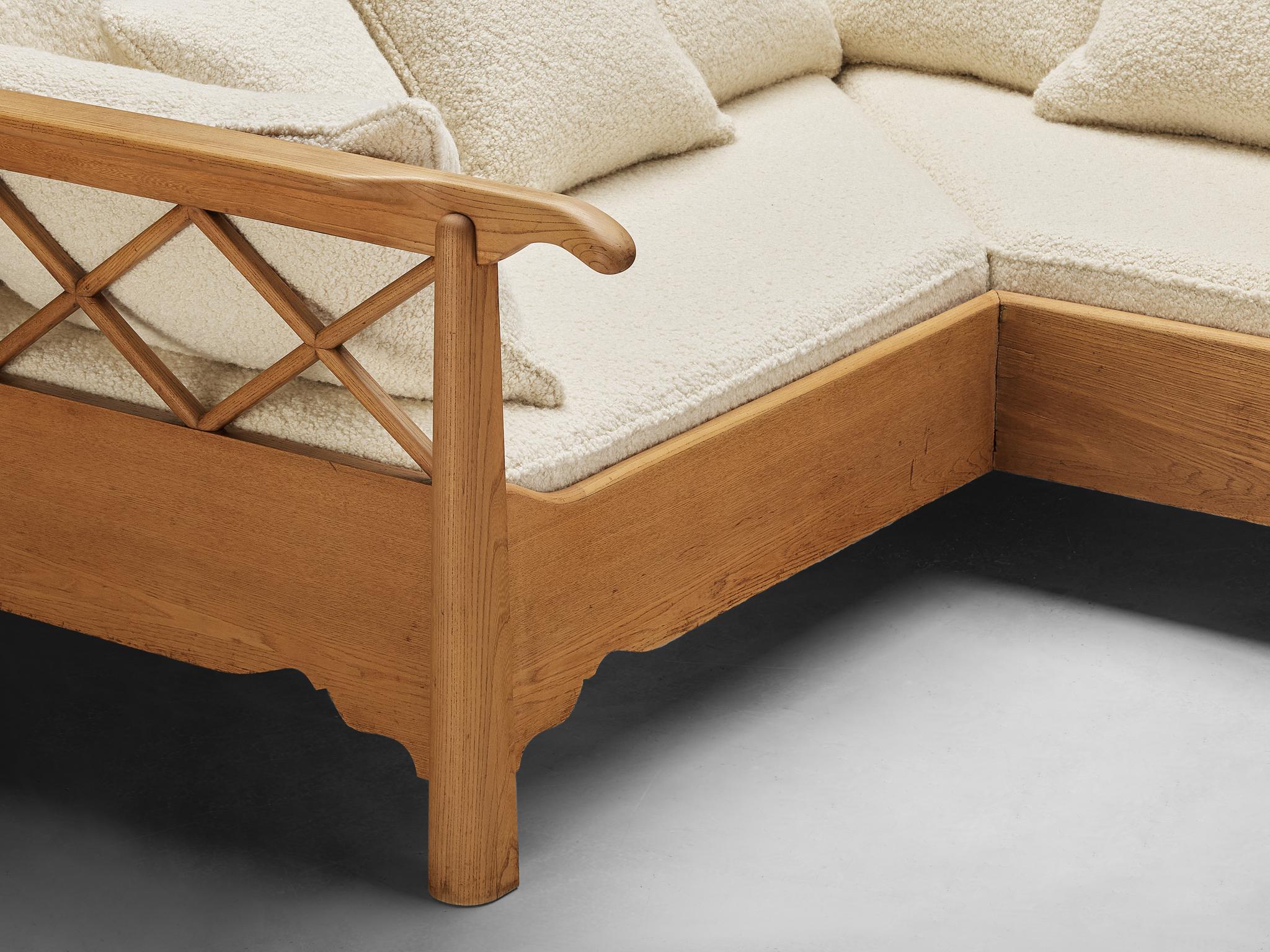 Mid-Century Modern Corner Sofa in Elm and White Boucle by Pierre Frey For Sale