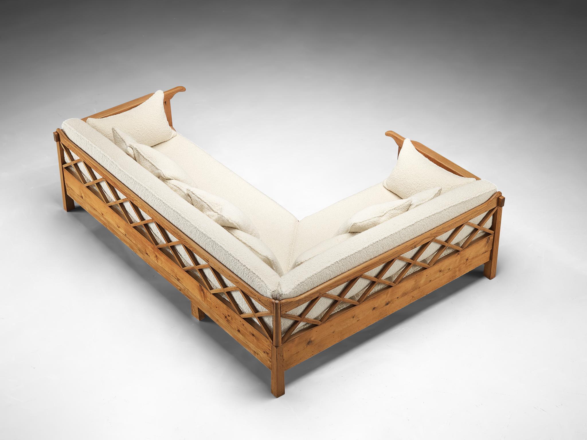 European Corner Sofa in Elm and White Boucle by Pierre Frey For Sale