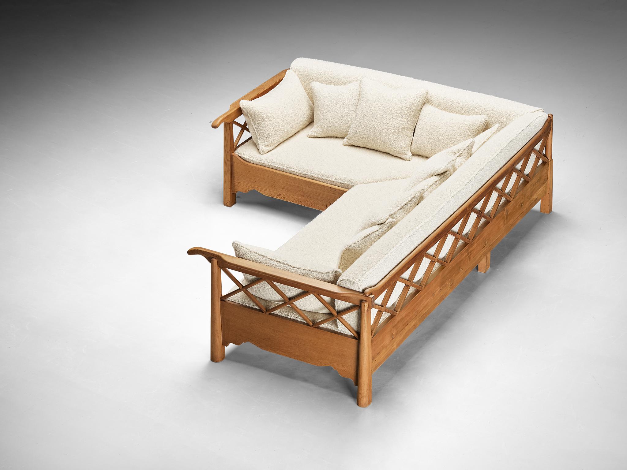 Mid-20th Century Corner Sofa in Elm and White Boucle by Pierre Frey For Sale