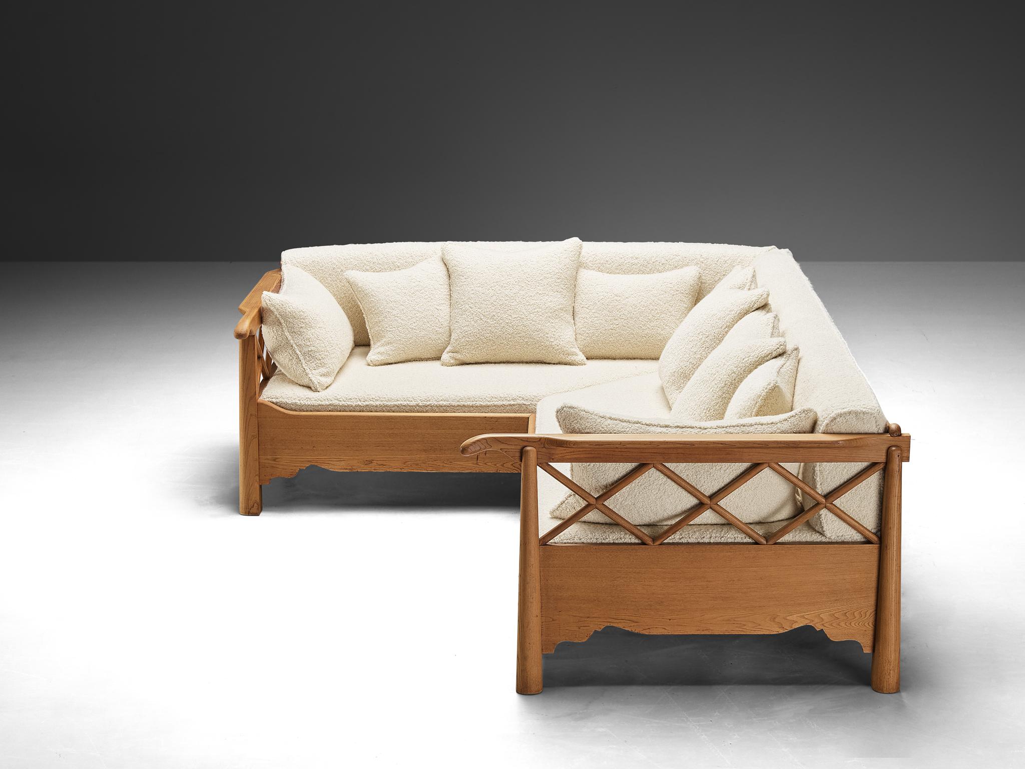 European Corner Sofa in Elm and White Boucle  For Sale