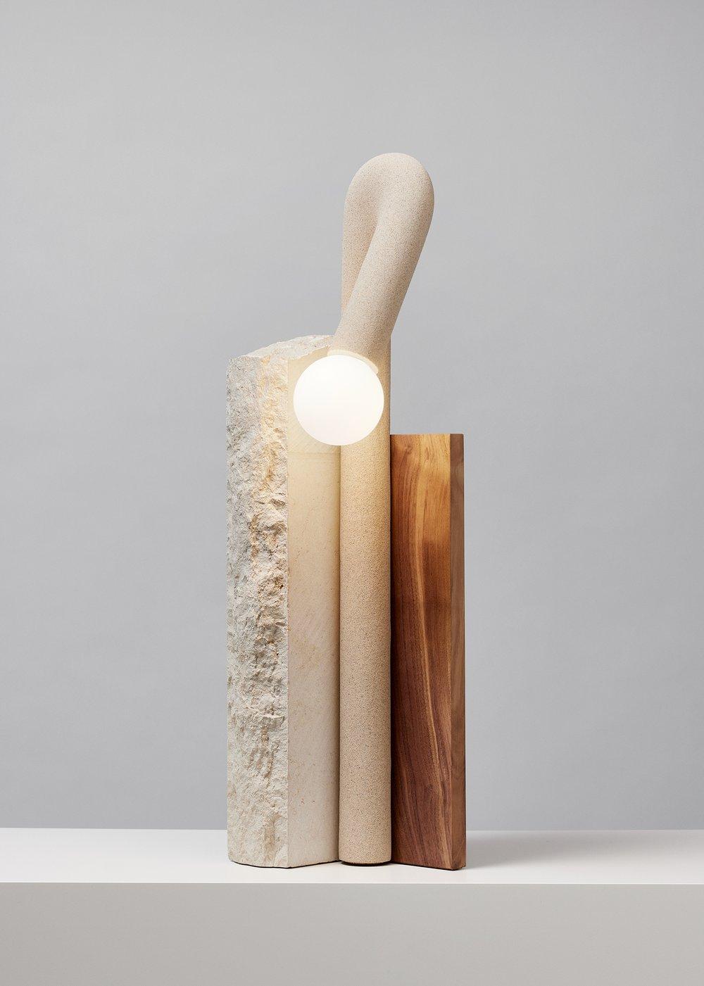 Corner Triangle Table Lamp by Hot Wire Extensions
Exclusive Edition of 1 + 1 AP
Dimensions: D 12 x W 22 x H 75 cm 
Materials: Natural beige sand, waste nylon powder, Jura limestone, walnut.
18 kg

Lively yet strong, the ‘Simulations Series’ takes us