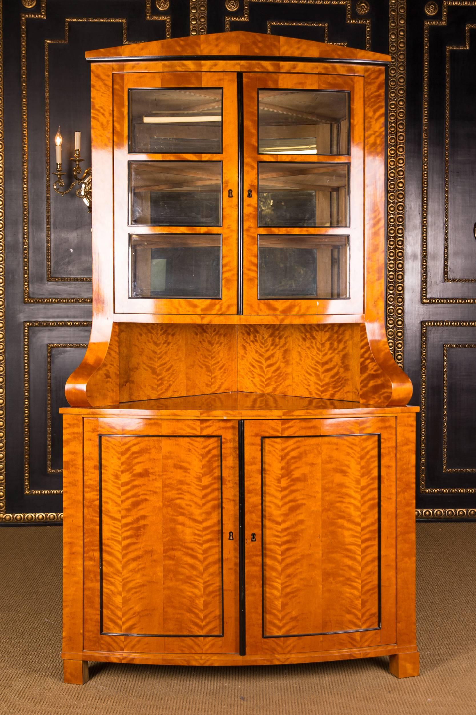 German Corner cupboard Vitrine antique Biedermeier style Flamed Birch veneer For Sale