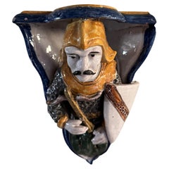 Corner Wall Plaque in Malicorne Faience Depicting a Knight, 19th Century