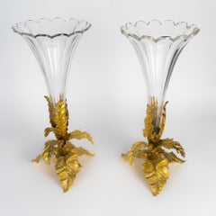 Cornets, Baccarat Crystal Vases, Gilded Bronze, 19th Century, Napoleon III-era.