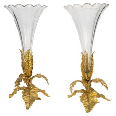 Cornets, Baccarat Crystal Vases, Gilded Bronze, 19th Century, Napoleon III-era.