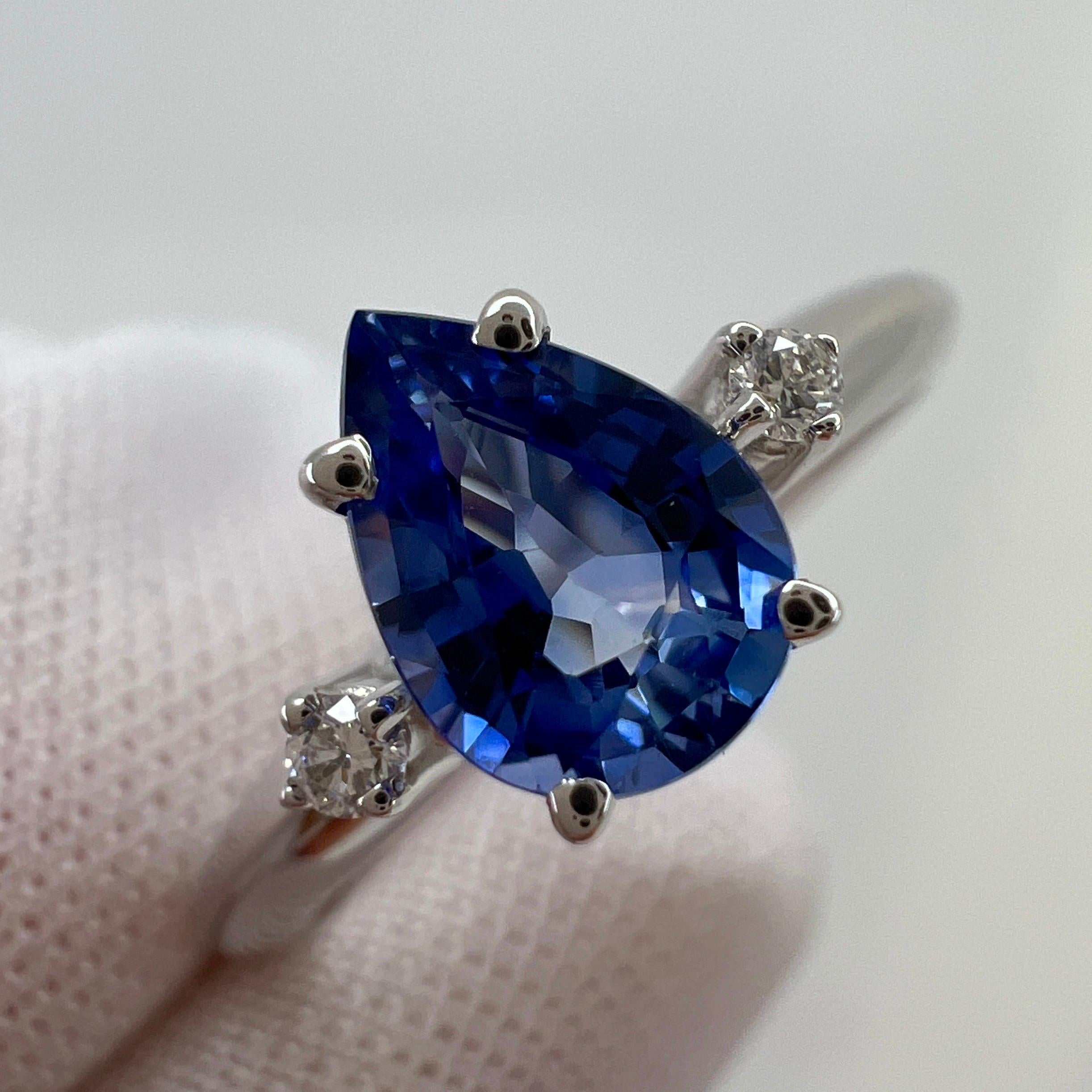 Fine Cornflower Blue Ceylon Sapphire & Diamond 18k White Gold Three Stone Ring.

1.00 Carat sapphire with a stunning vivid cornflower blue colour and excellent clarity. Very clean stone.
Also has an excellent pear cut which shows lots of sparkle and