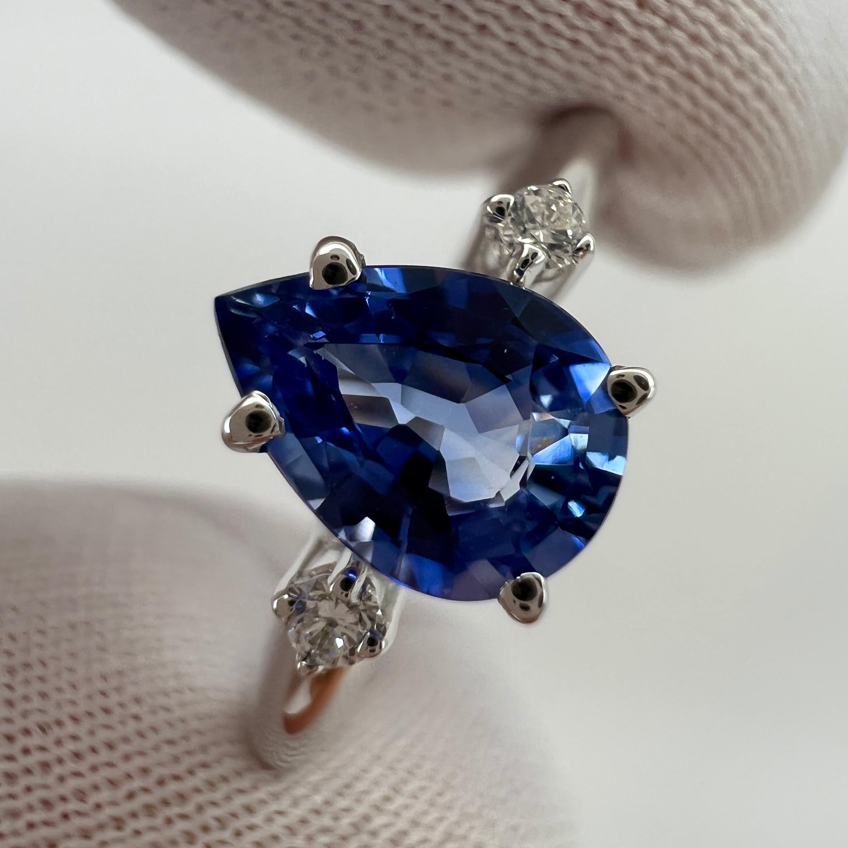 Pear Cut Cornflower Blue 1.00ct Ceylon Sapphire & Diamond 18k White Gold Trilogy Ring For Sale