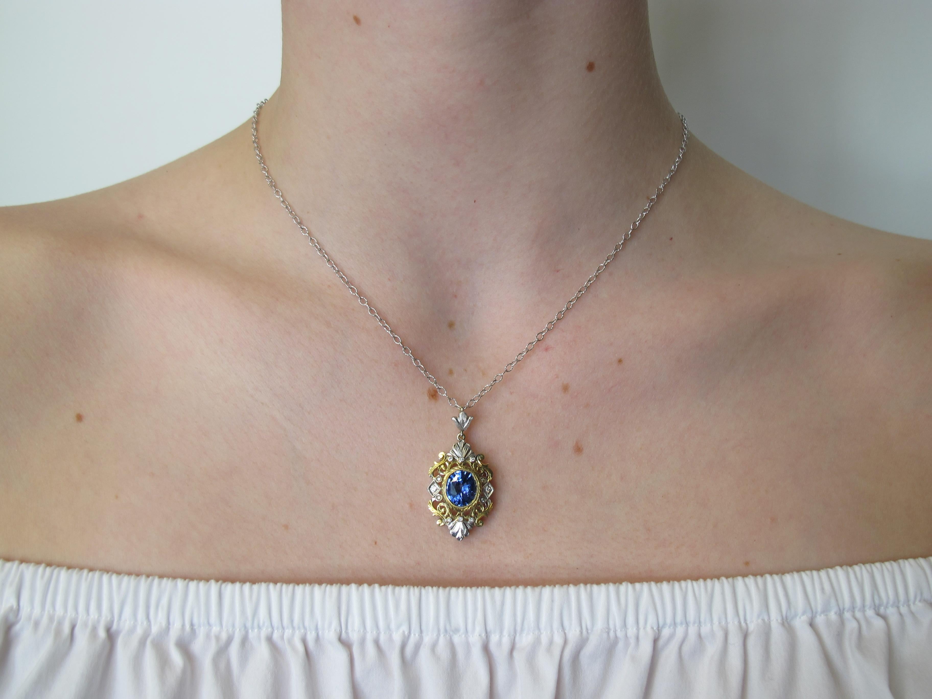 Cornflower Blue Sapphire and Diamond Victorian Style Necklace in 18k Yellow Gold 3
