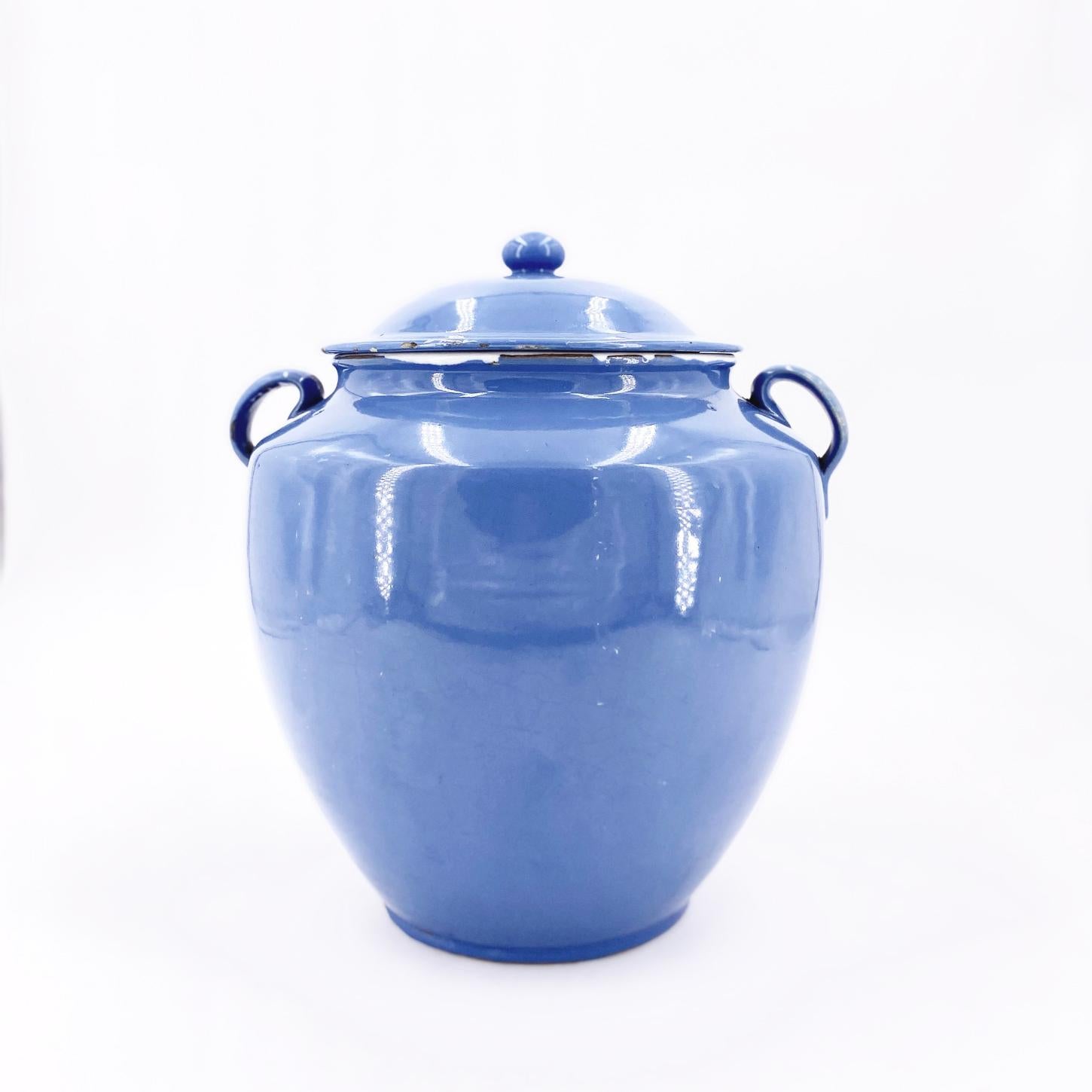 French Provincial Cornflower Blue Covered Pot, circa 1900, Handmade, Unique For Sale