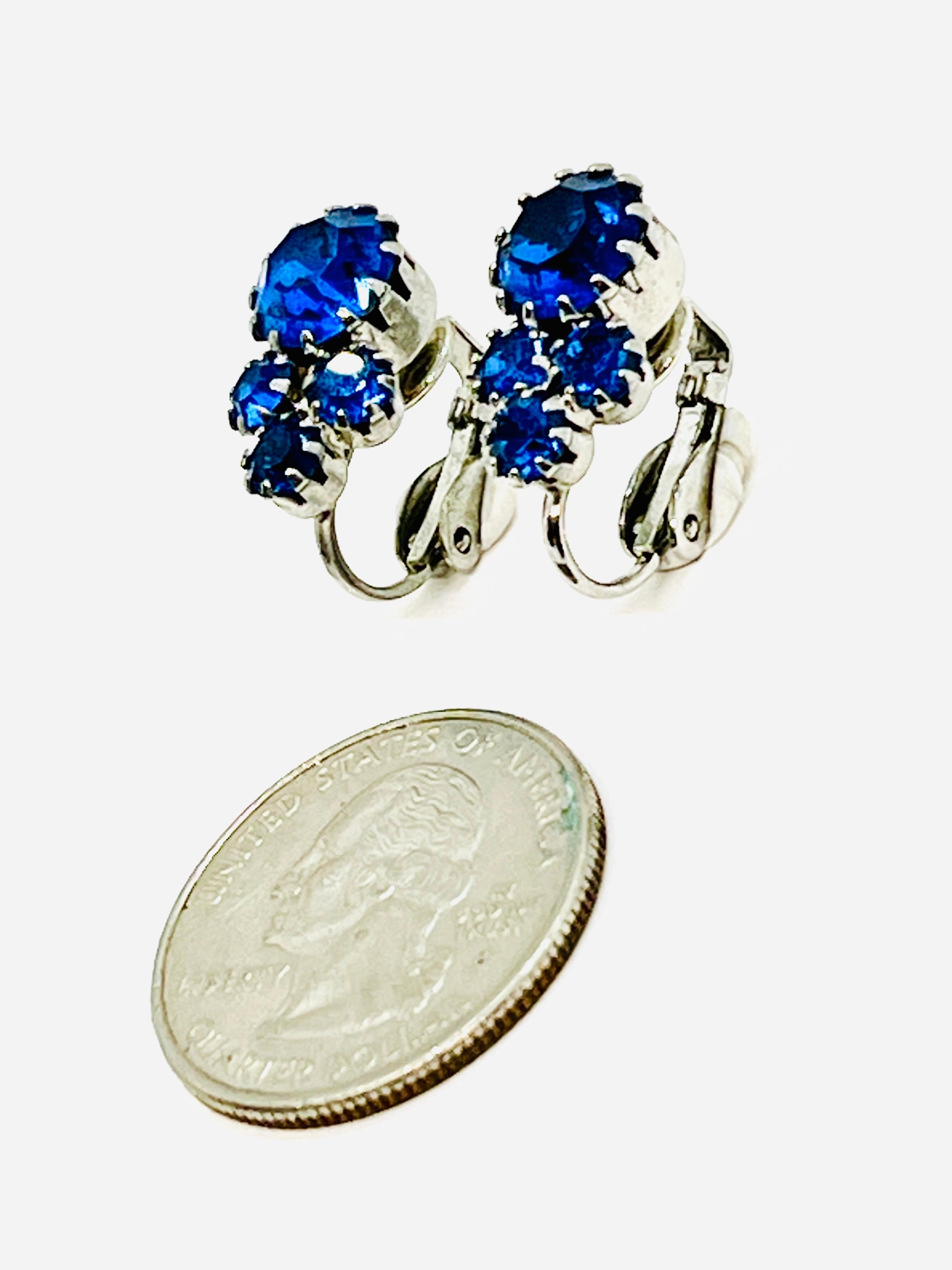Cornflower-Blue Crystal Rhinestone Leverback Clip-on Earrings, Crown Settings with tigertooth prong detail, round-cut rhinestones. Silver Brass. One larger 5/16