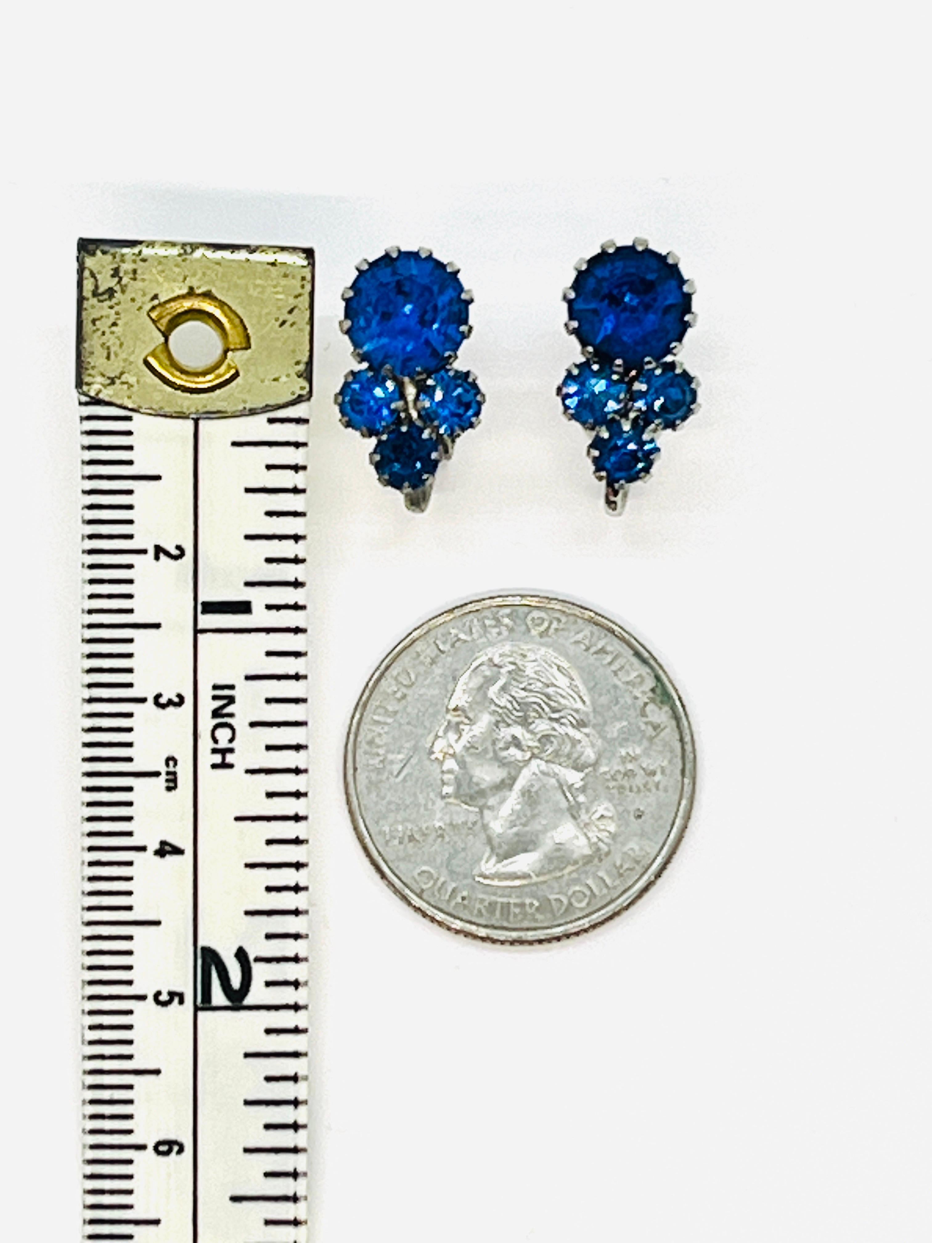 Retro Cornflower Blue Crystal Rhinestone Clipon Earrings, Crown Settings For Sale