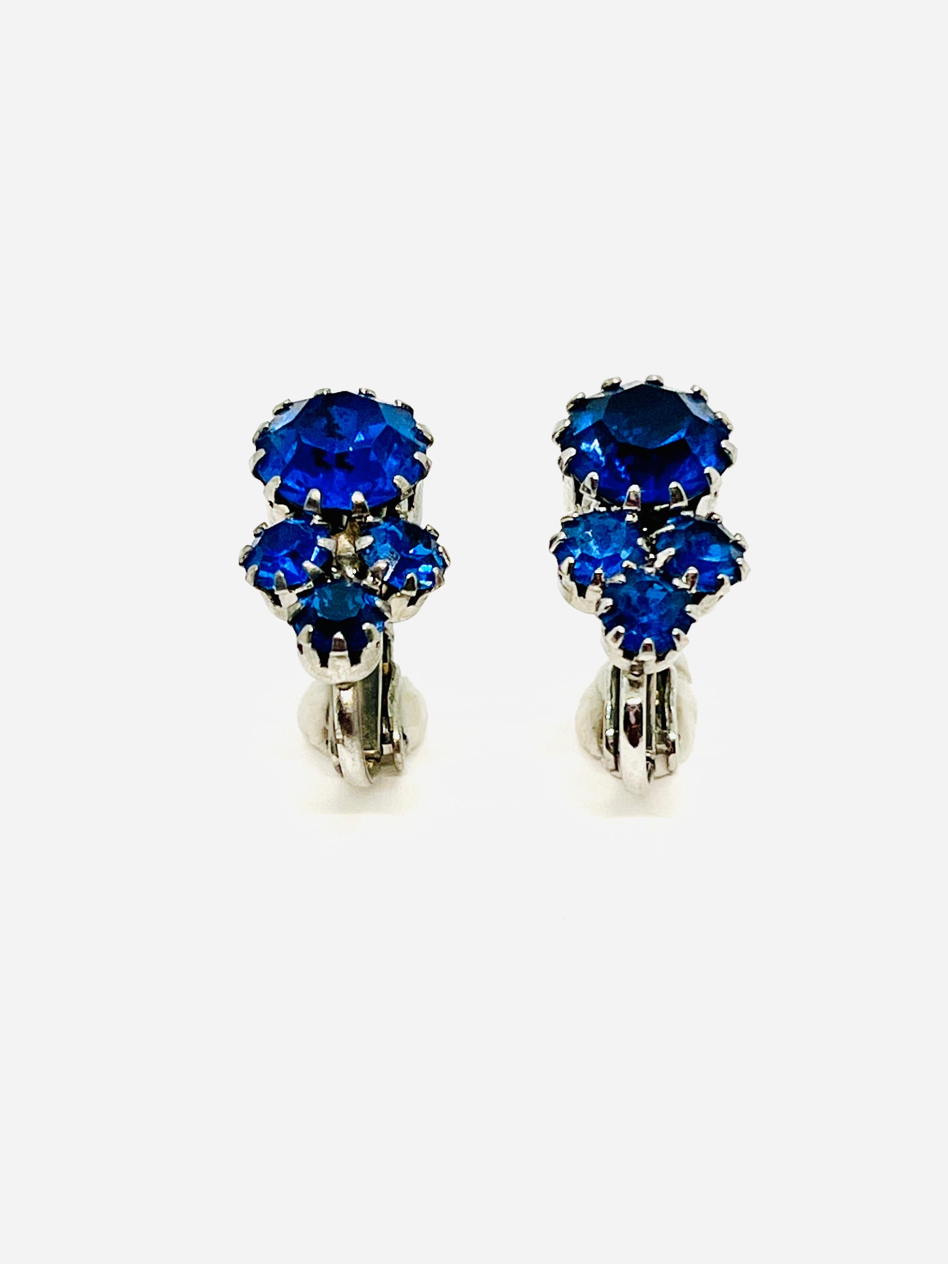 Women's Cornflower Blue Crystal Rhinestone Clipon Earrings, Crown Settings For Sale