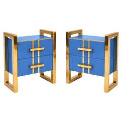Cornflower Blue Glass Nightstands with Brass Frames and Drawers, Pair