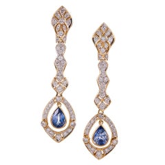 Cornflower Blue Sapphire and Diamond Filigree Drop Earrings