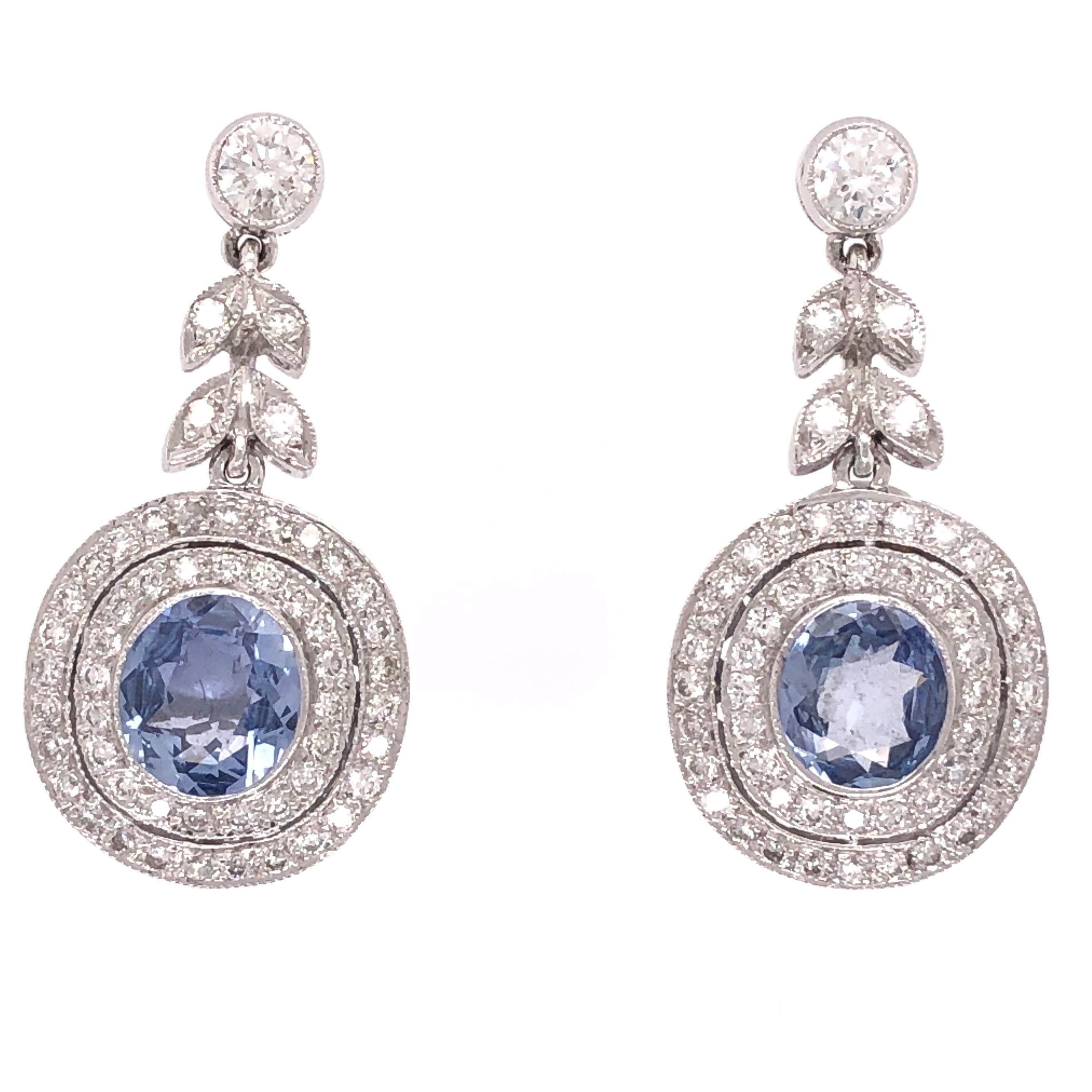 Modern Cornflower Blue Sapphire and Diamond Gold Drop Earrings Estate Fine Jewelry