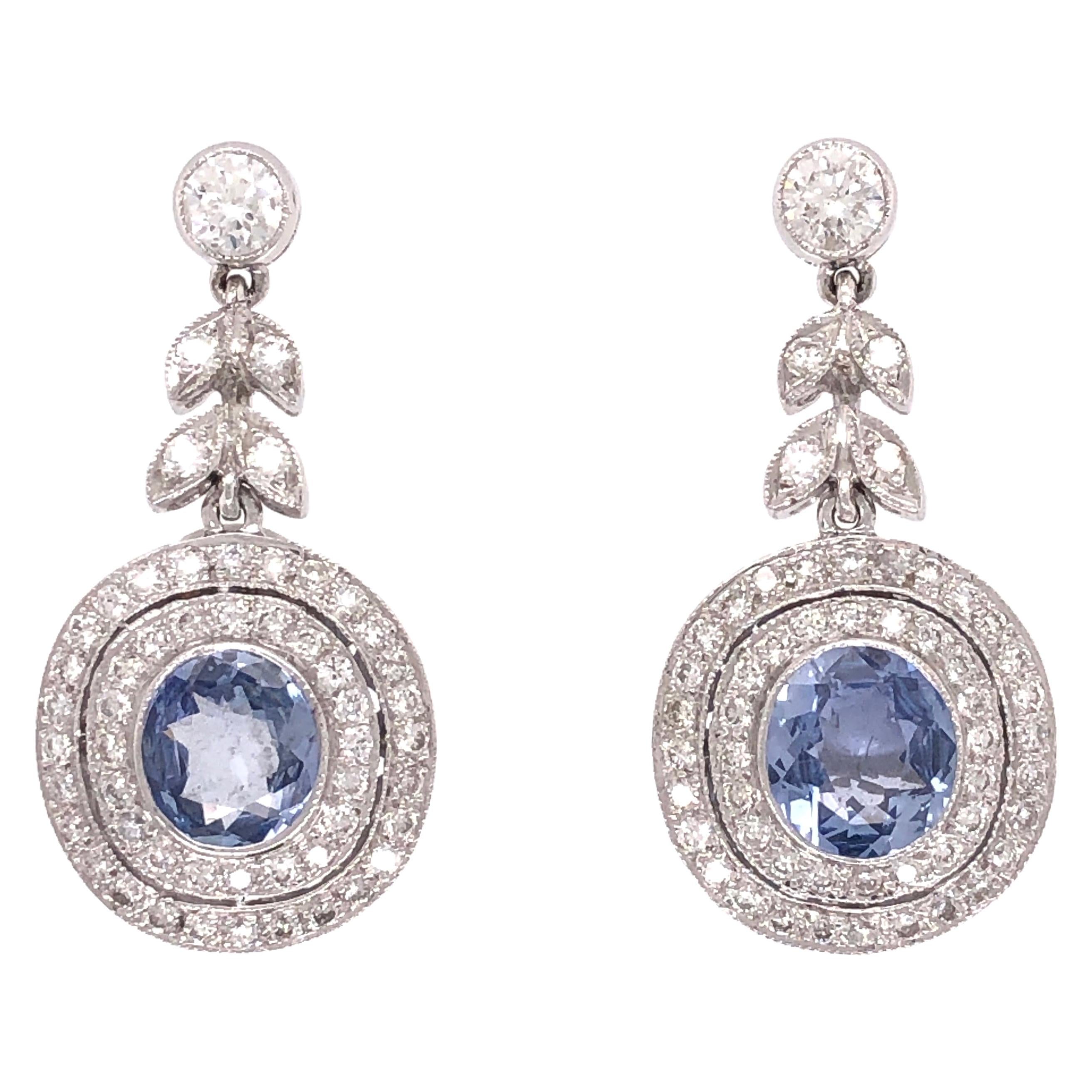 Cornflower Blue Sapphire and Diamond Gold Drop Earrings Estate Fine Jewelry