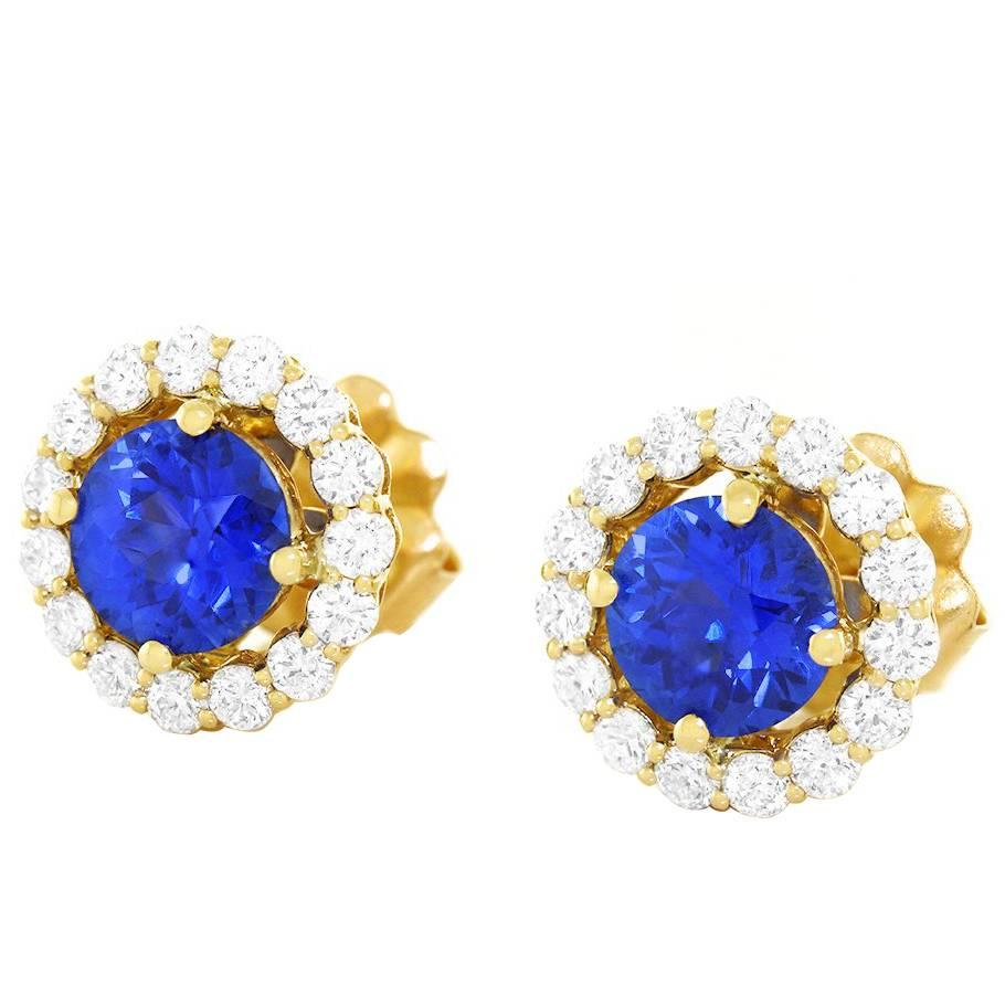 Cornflower Blue Sapphire and Diamond set Gold Earrings
