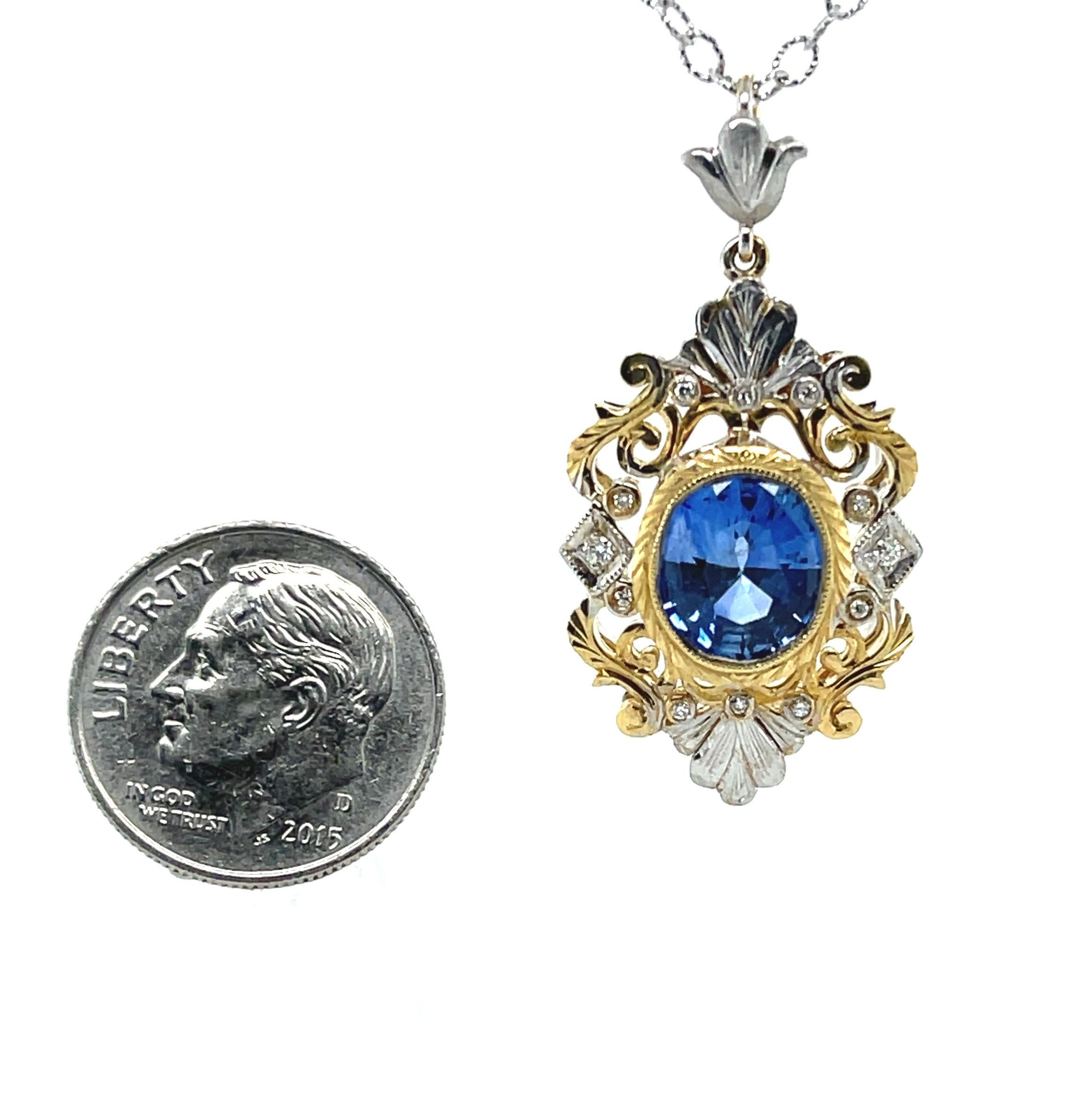 Cornflower Blue Sapphire and Diamond Victorian Style Necklace in 18k Yellow Gold 1