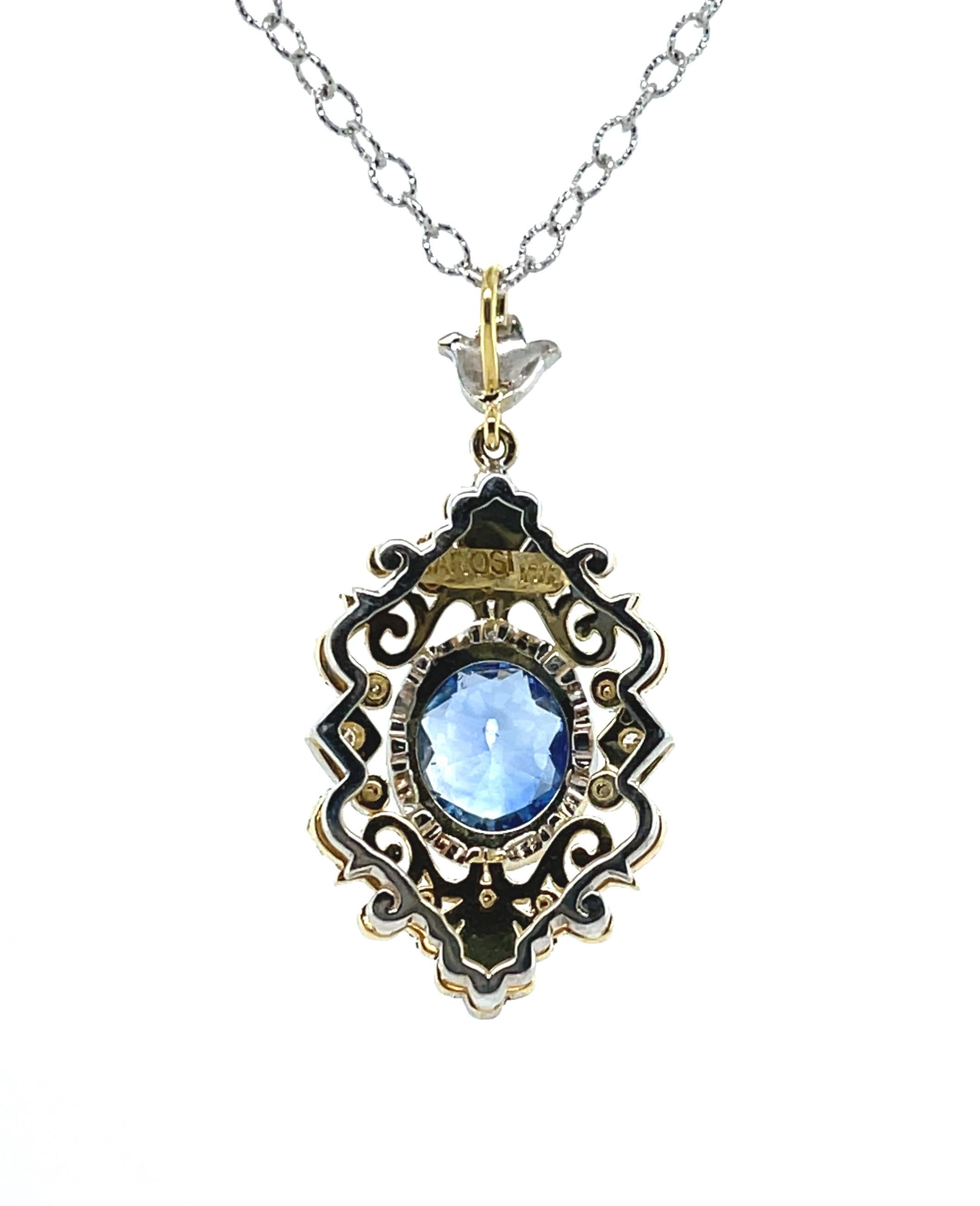 Artisan Cornflower Blue Sapphire and Diamond Victorian Style Necklace in 18k Yellow Gold