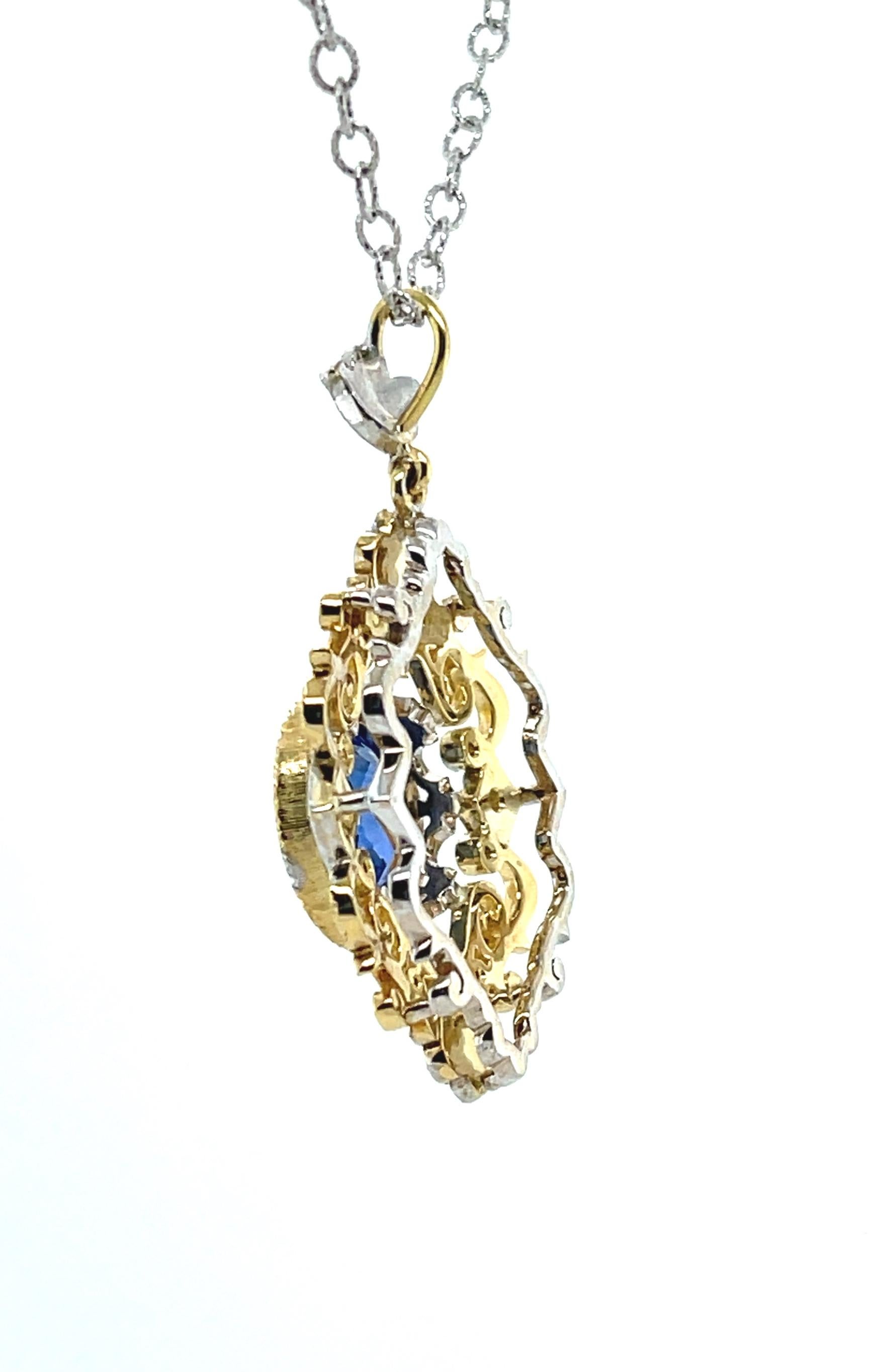 Oval Cut Cornflower Blue Sapphire and Diamond Victorian Style Necklace in 18k Yellow Gold