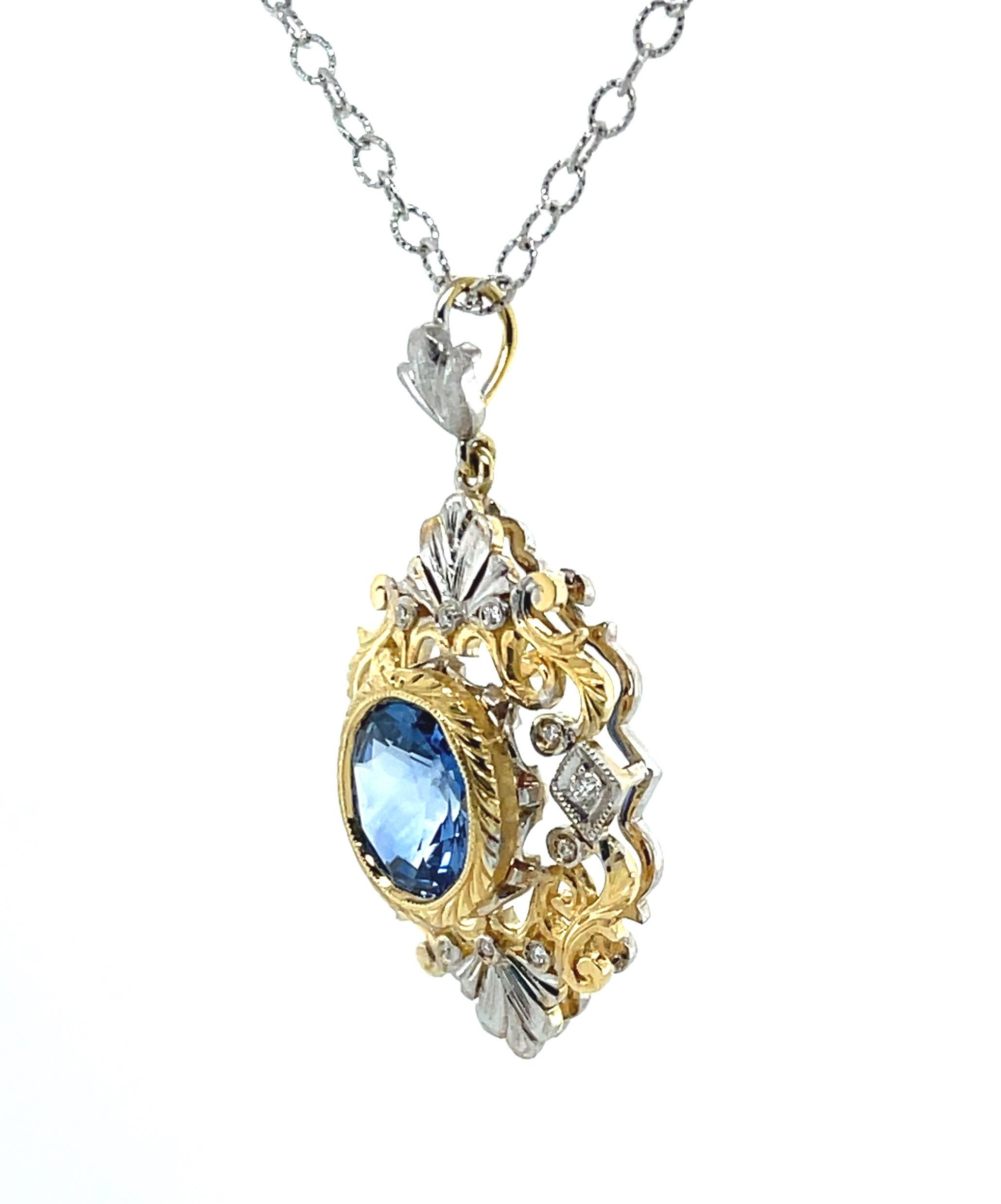 Cornflower Blue Sapphire and Diamond Victorian Style Necklace in 18k Yellow Gold In New Condition In Los Angeles, CA