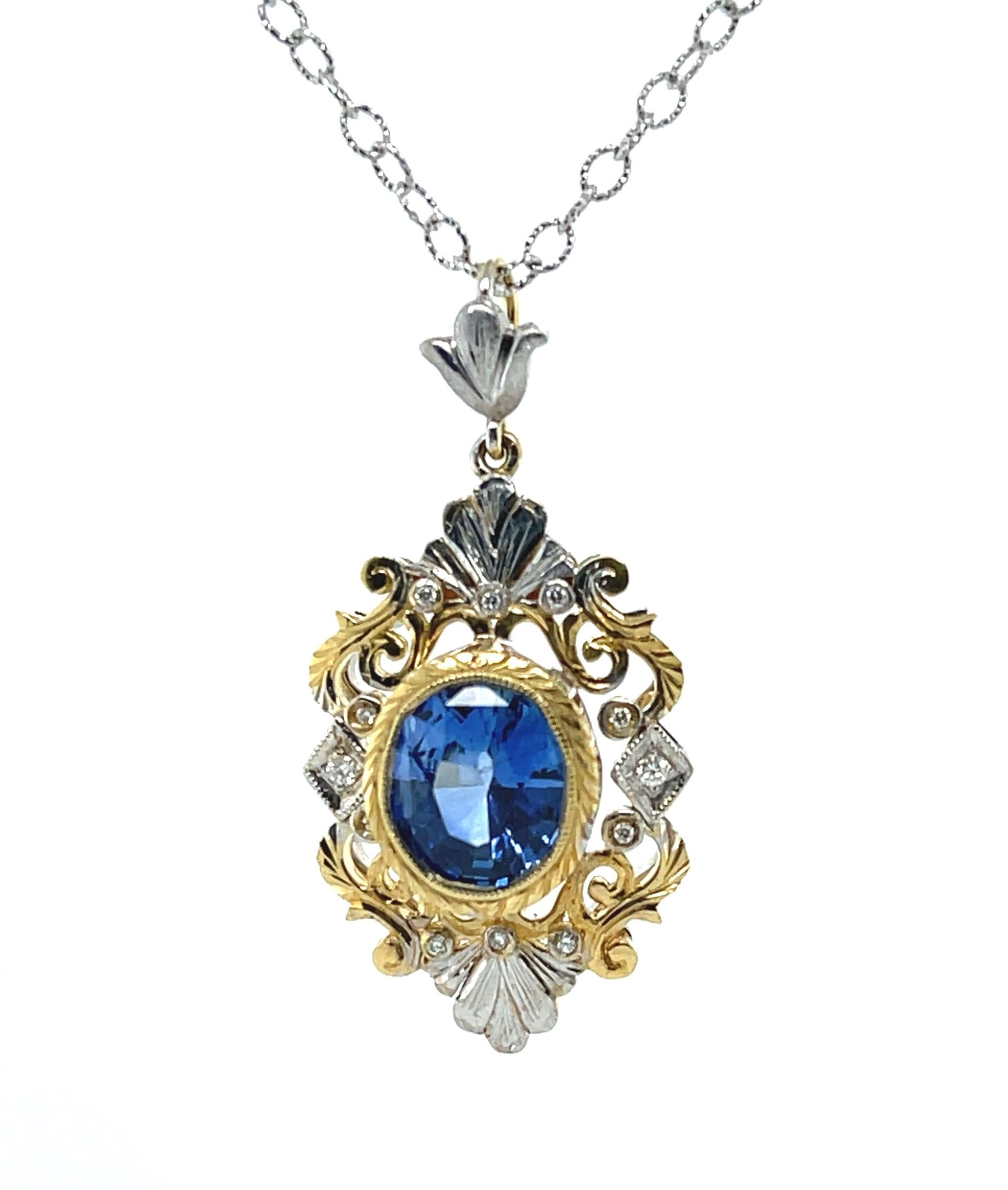 Women's Cornflower Blue Sapphire and Diamond Victorian Style Necklace in 18k Yellow Gold
