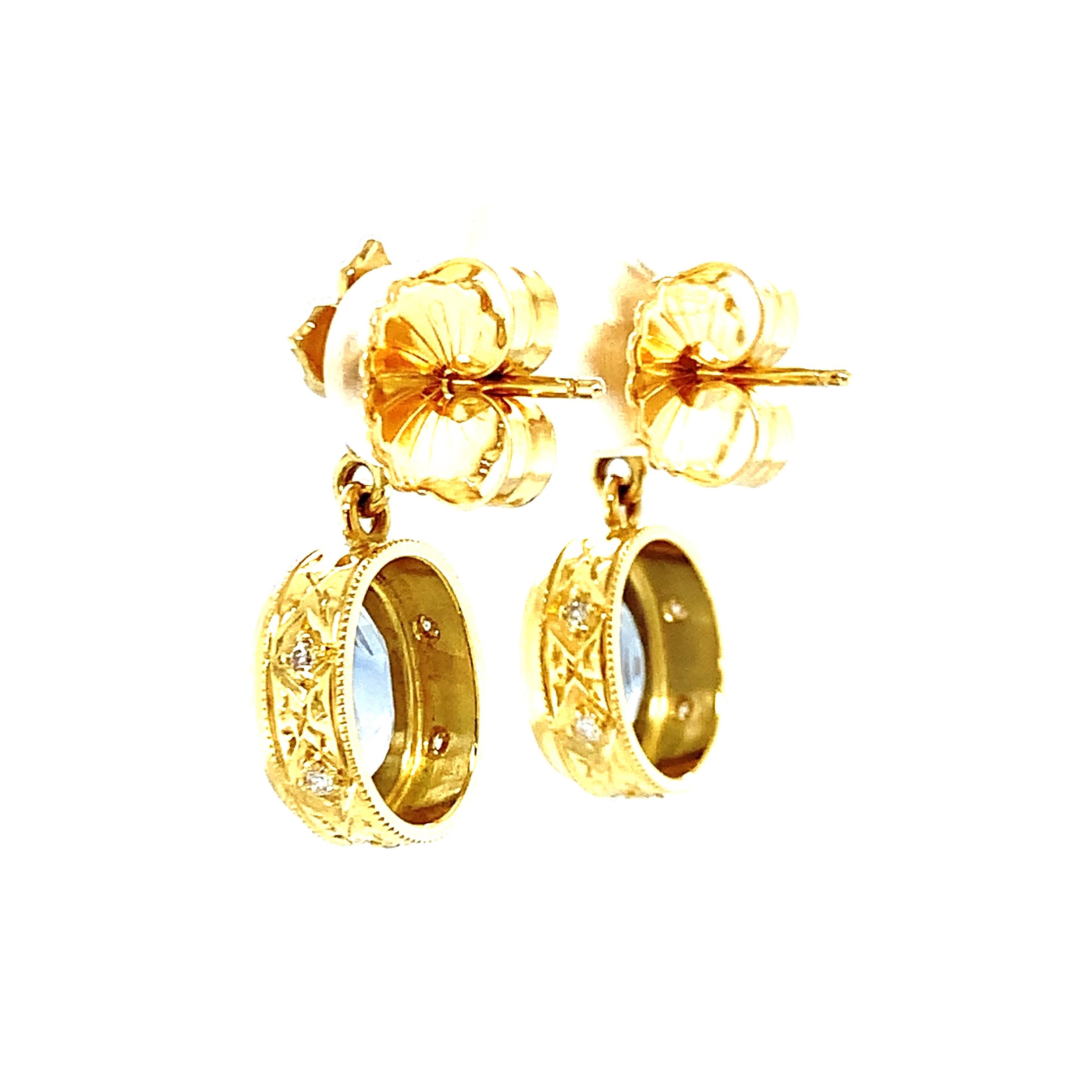 Artisan Cornflower Blue Sapphire and Diamond Drop Earrings in Yellow Gold , 4.58 Carats  For Sale