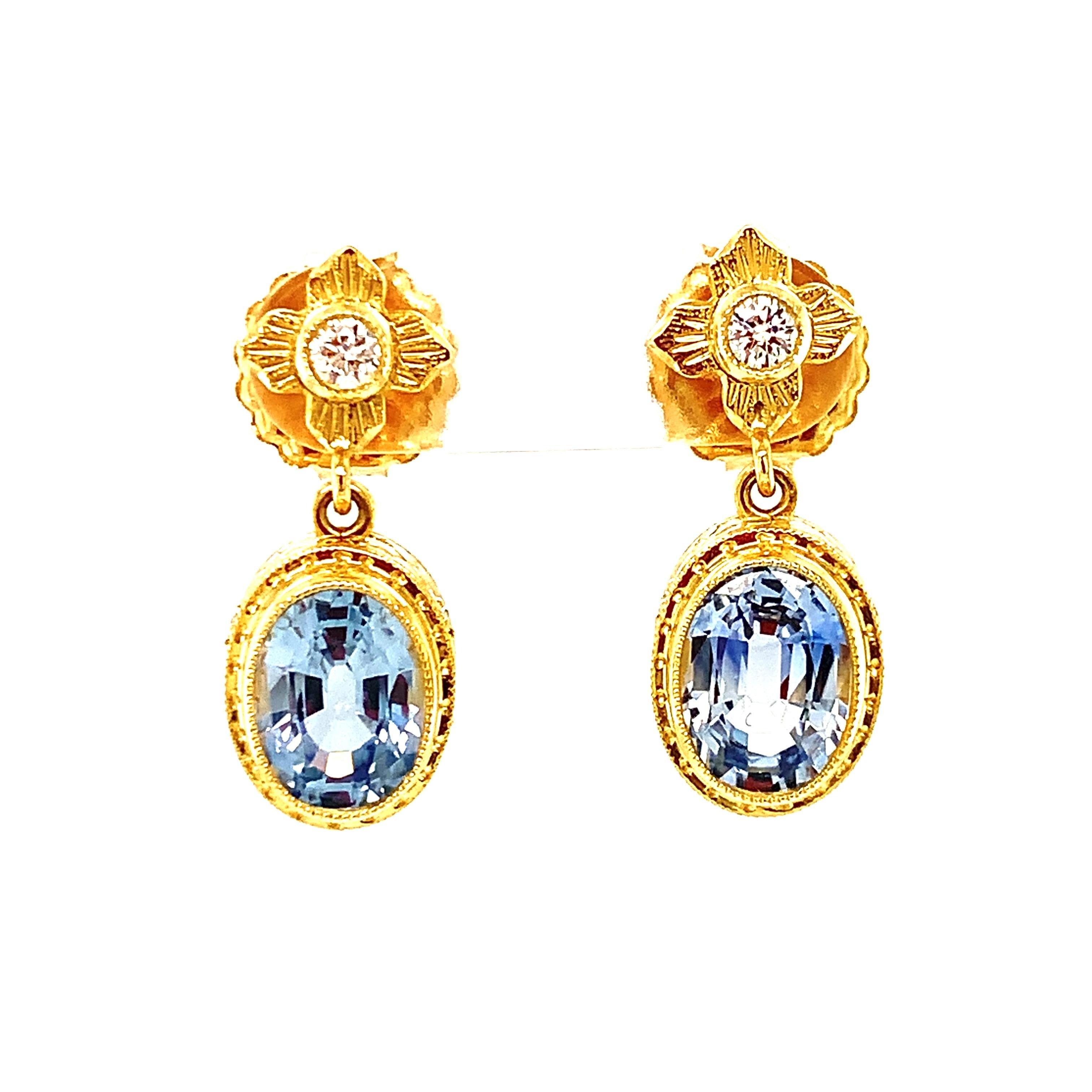 Oval Cut Cornflower Blue Sapphire and Diamond Drop Earrings in Yellow Gold , 4.58 Carats  For Sale