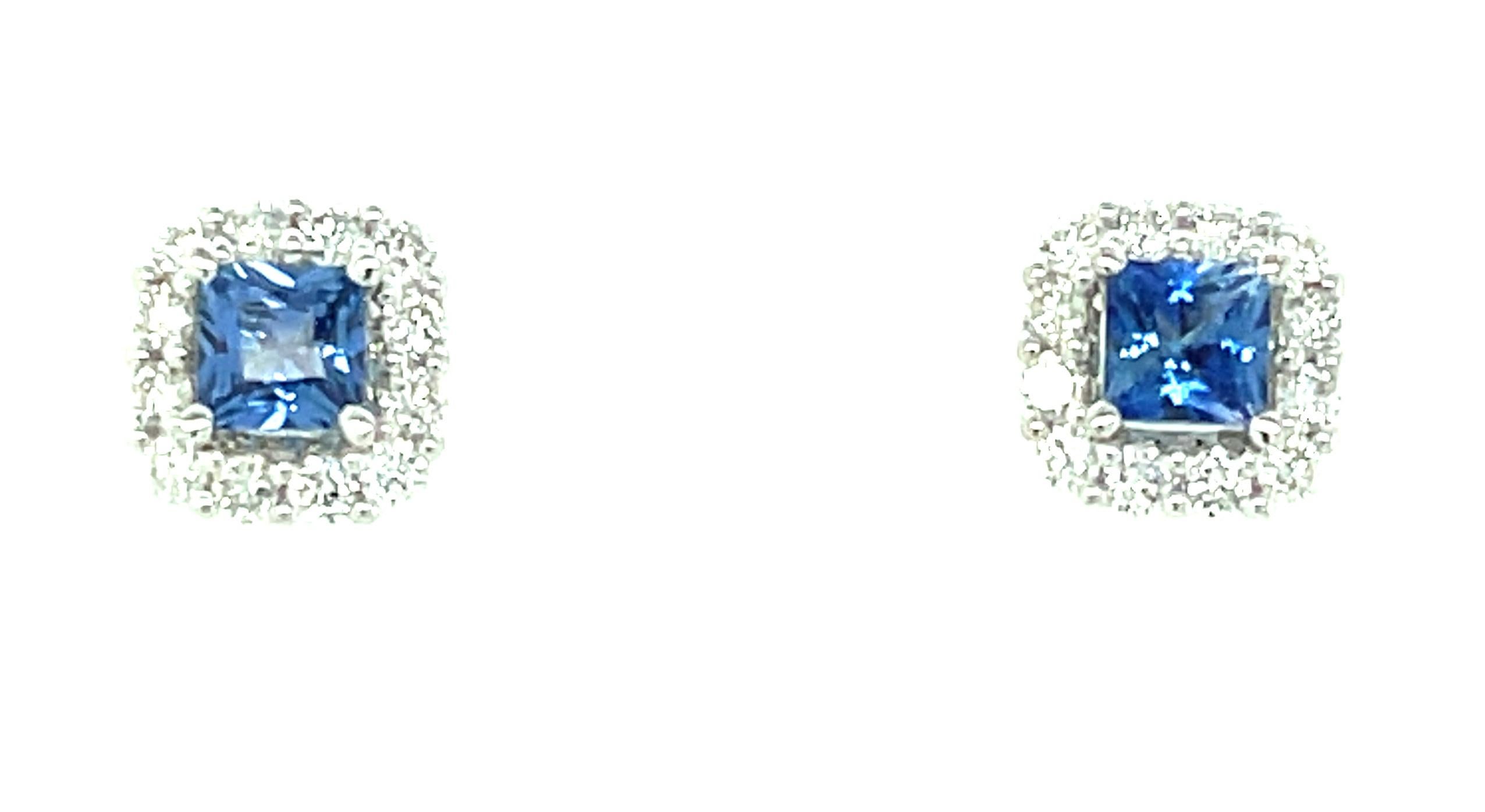 These gorgeous blue sapphire and diamond 18k white gold stud earrings give a modern look to a timeless classic! The blue sapphire center stones have rich, cornflower blue color and are framed by pave-set brilliant white diamonds. These are perfect