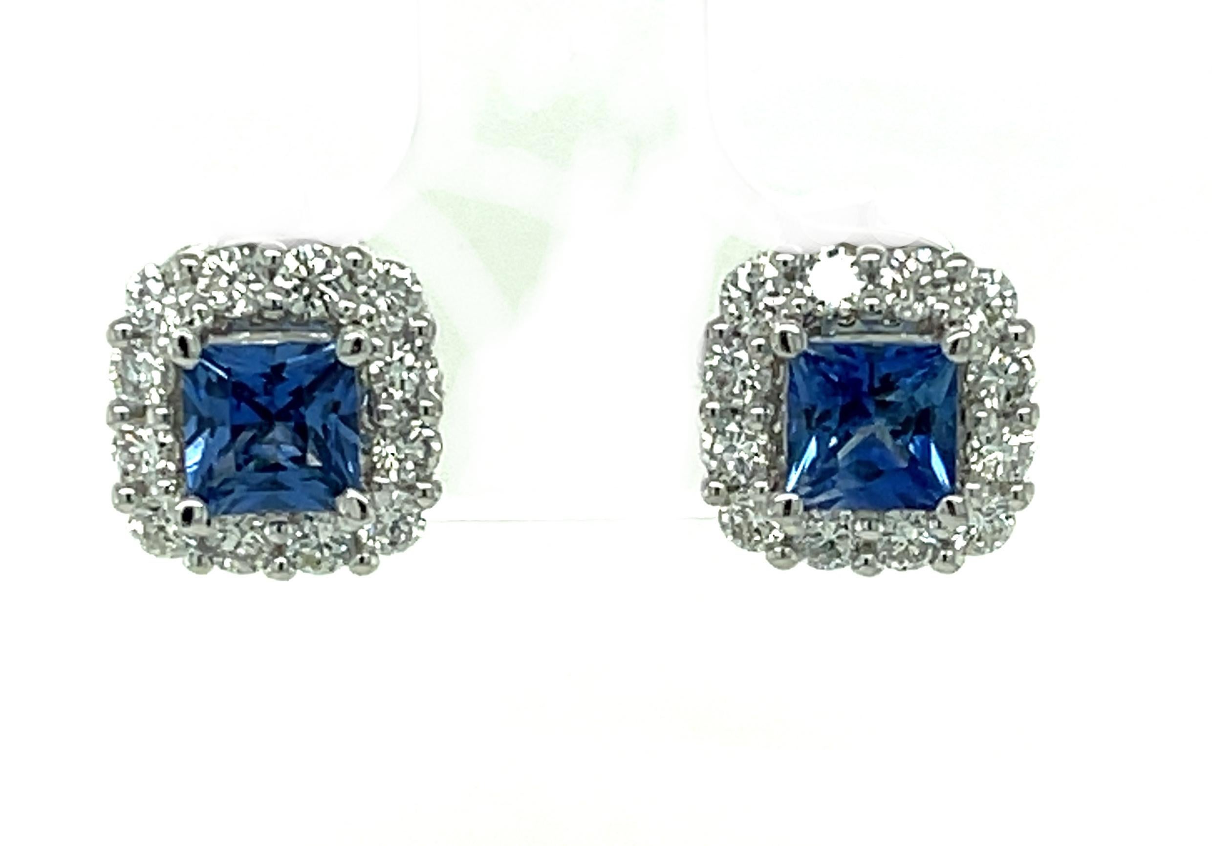 blue square sparkle halo stud earrings