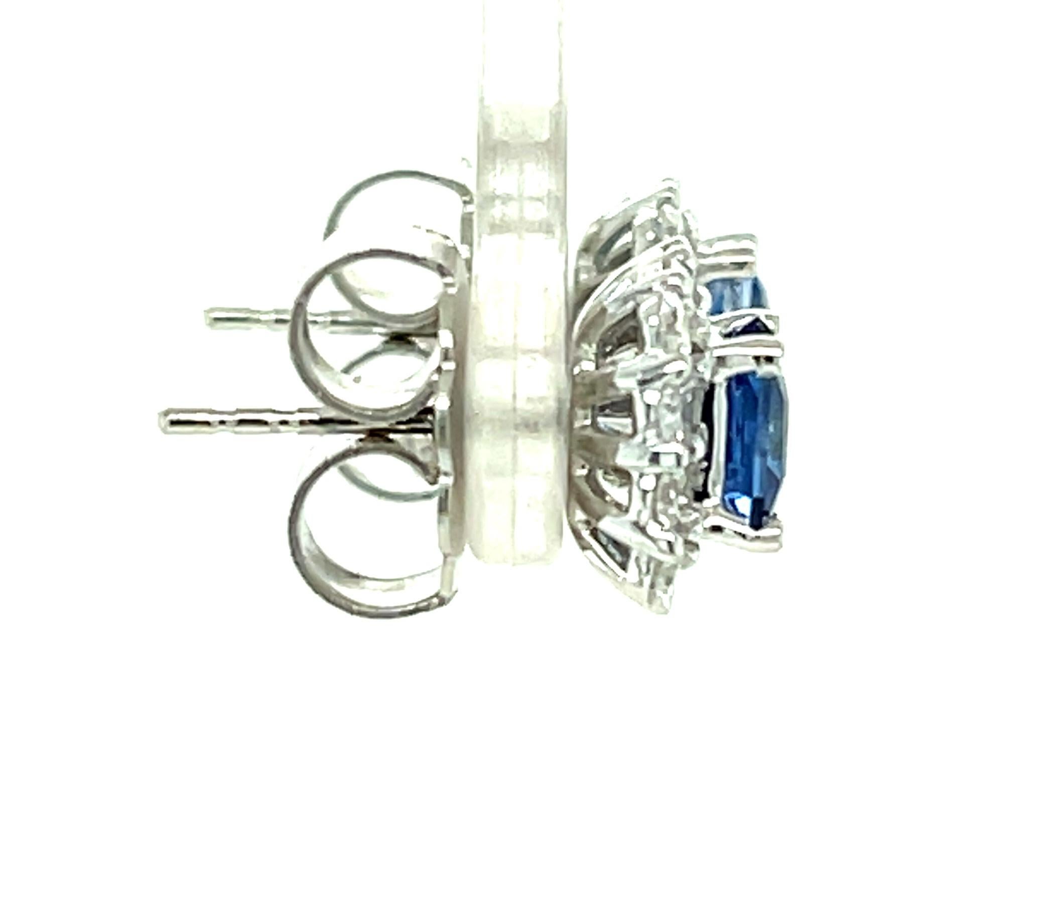 Artisan Cornflower Blue Sapphire and Diamond Pave Stud Earrings in White Gold For Sale