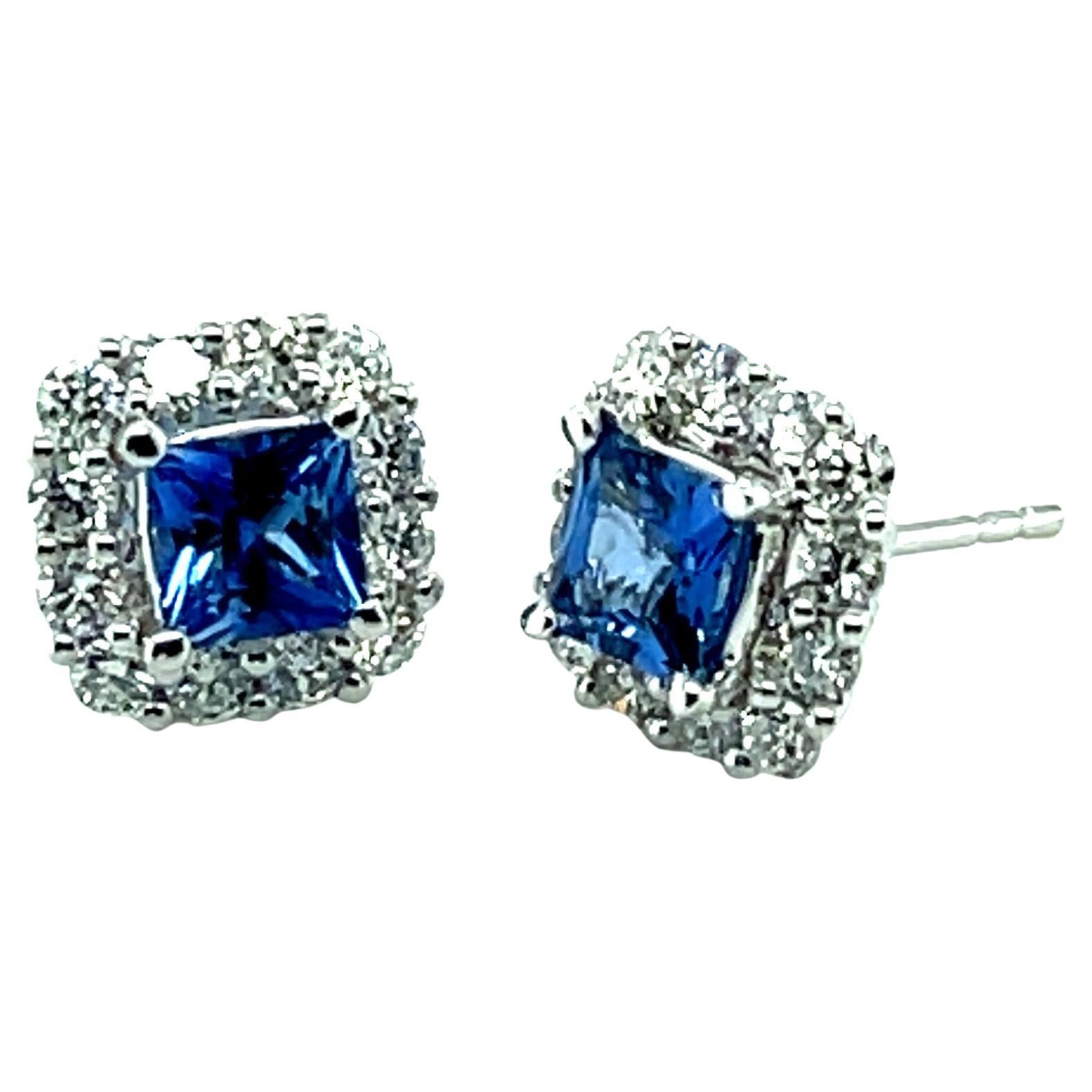 Cornflower Blue Sapphire and Diamond Pave Stud Earrings in White Gold For Sale