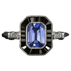Cornflower Blue Sapphire Onyx Diamond Ring