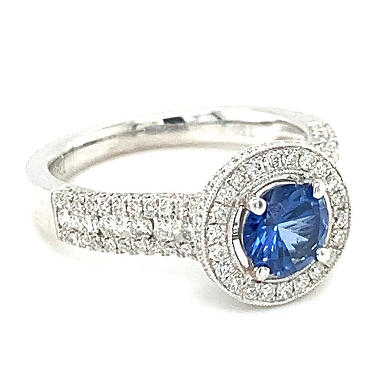 Artisan Cornflower Blue Sapphire, Pave Diamond Halo 18k White Gold Engagement Band Ring For Sale