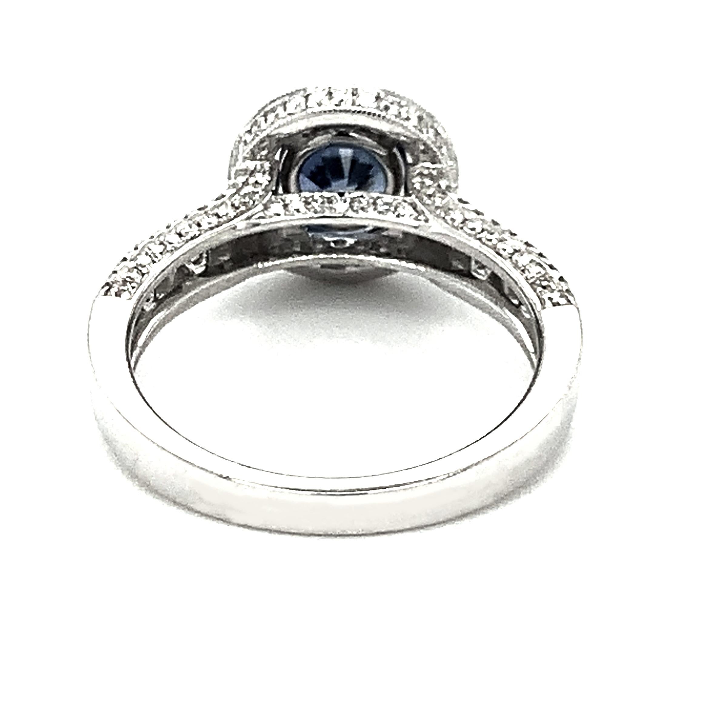 Artisan Cornflower Blue Sapphire and Diamond Halo Engagement Ring in 18k White Gold For Sale