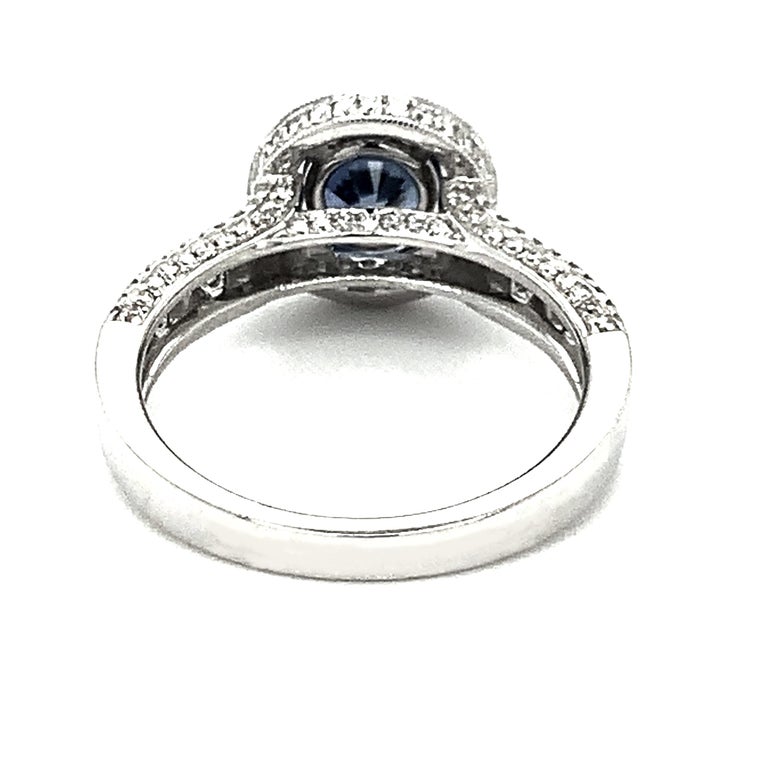 Cornflower Blue Sapphire, Pave Diamond Halo 18k White Gold Engagement Band Ring In New Condition For Sale In Los Angeles, CA
