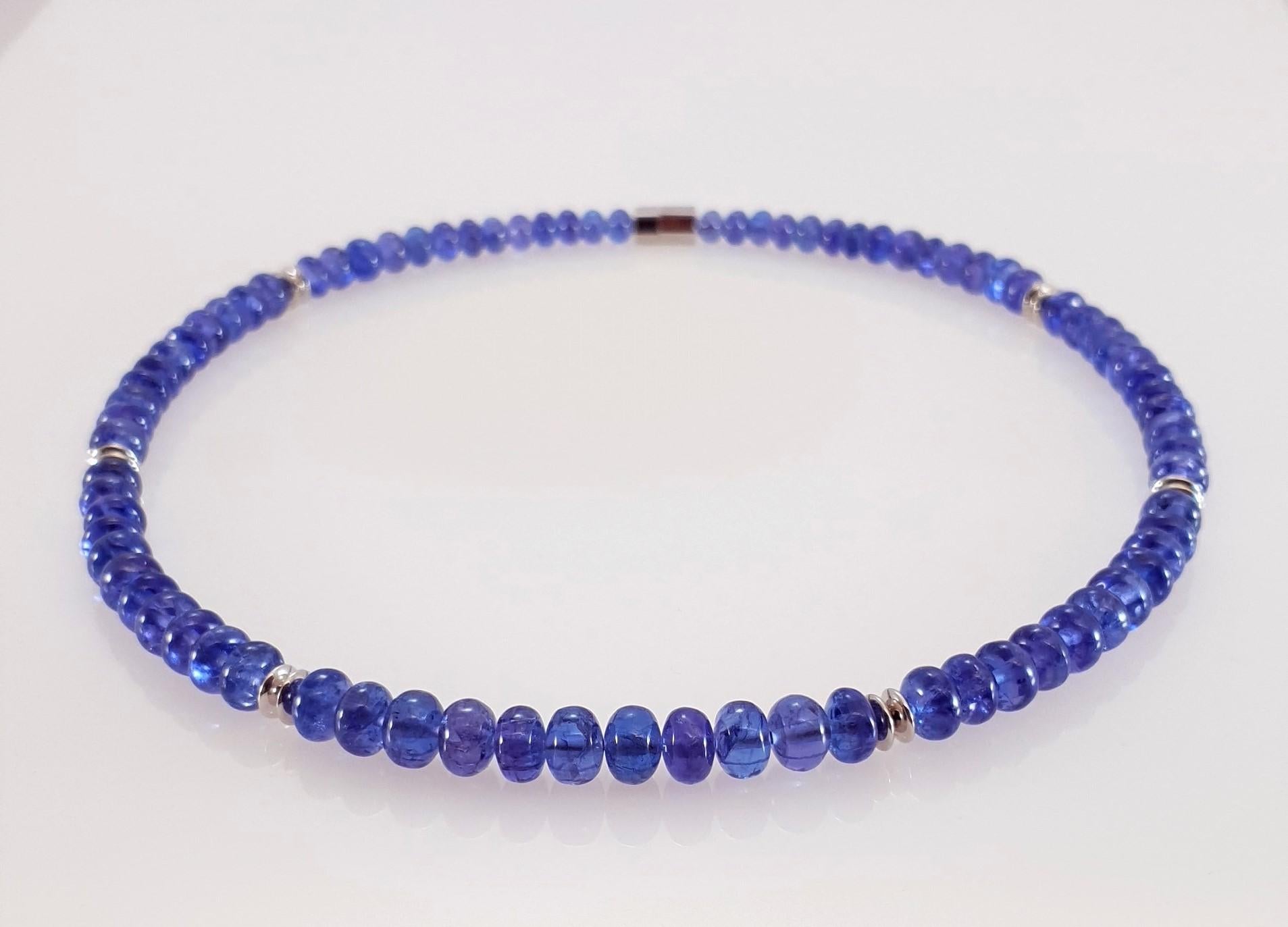 Arts and Crafts Cornflower Blue Tanzanite Rondel Beaded Necklace with 18 Carat White Gold