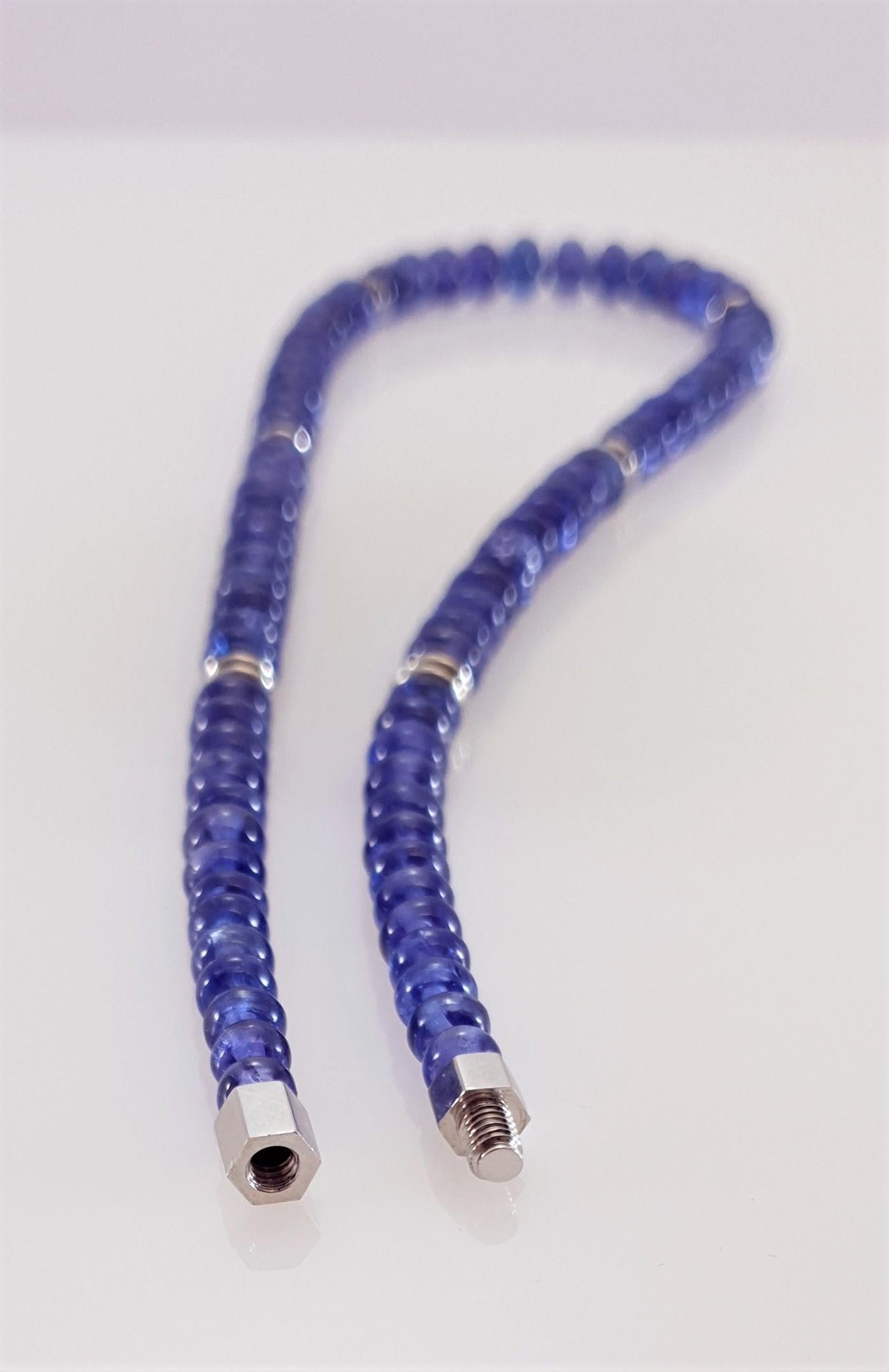 Women's Cornflower Blue Tanzanite Rondel Beaded Necklace with 18 Carat White Gold