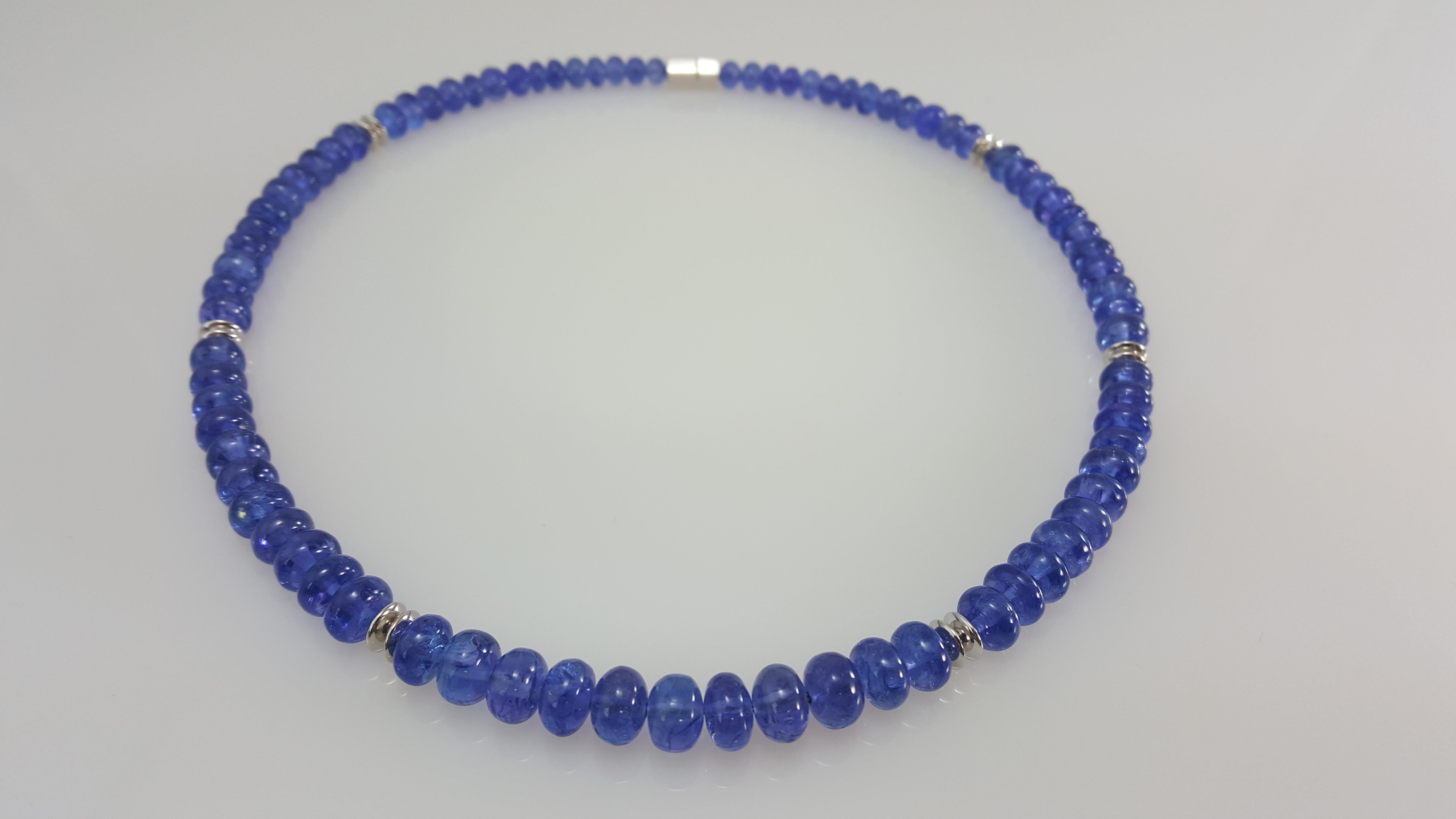 Cornflower Blue Tanzanite Rondel Beaded Necklace with 18 Carat White Gold 1