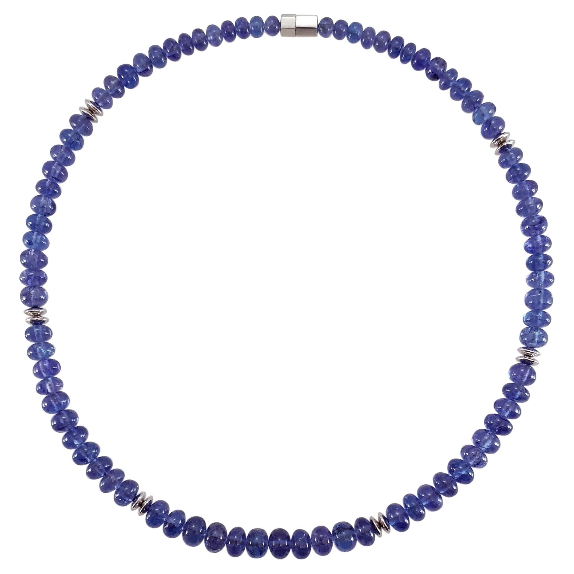 Cornflower Blue Tanzanite Rondel Beaded Necklace with 18 Carat White Gold