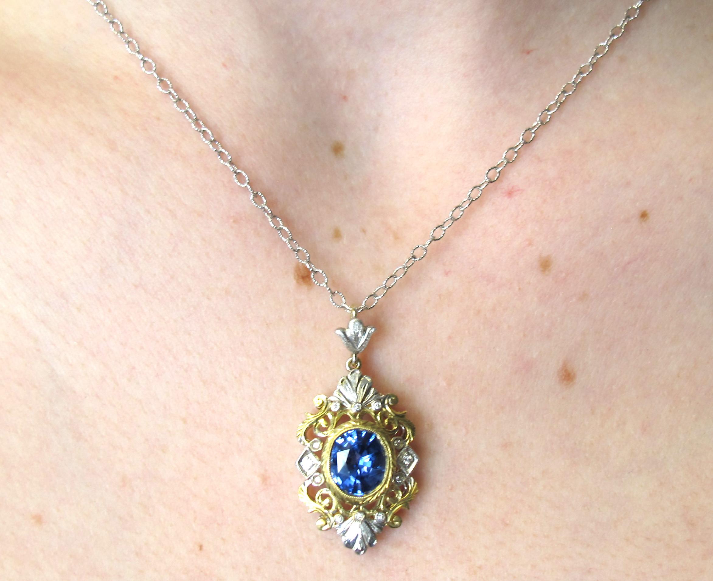 Cornflower Blue Sapphire and Diamond Victorian Style Necklace in 18k Yellow Gold 2