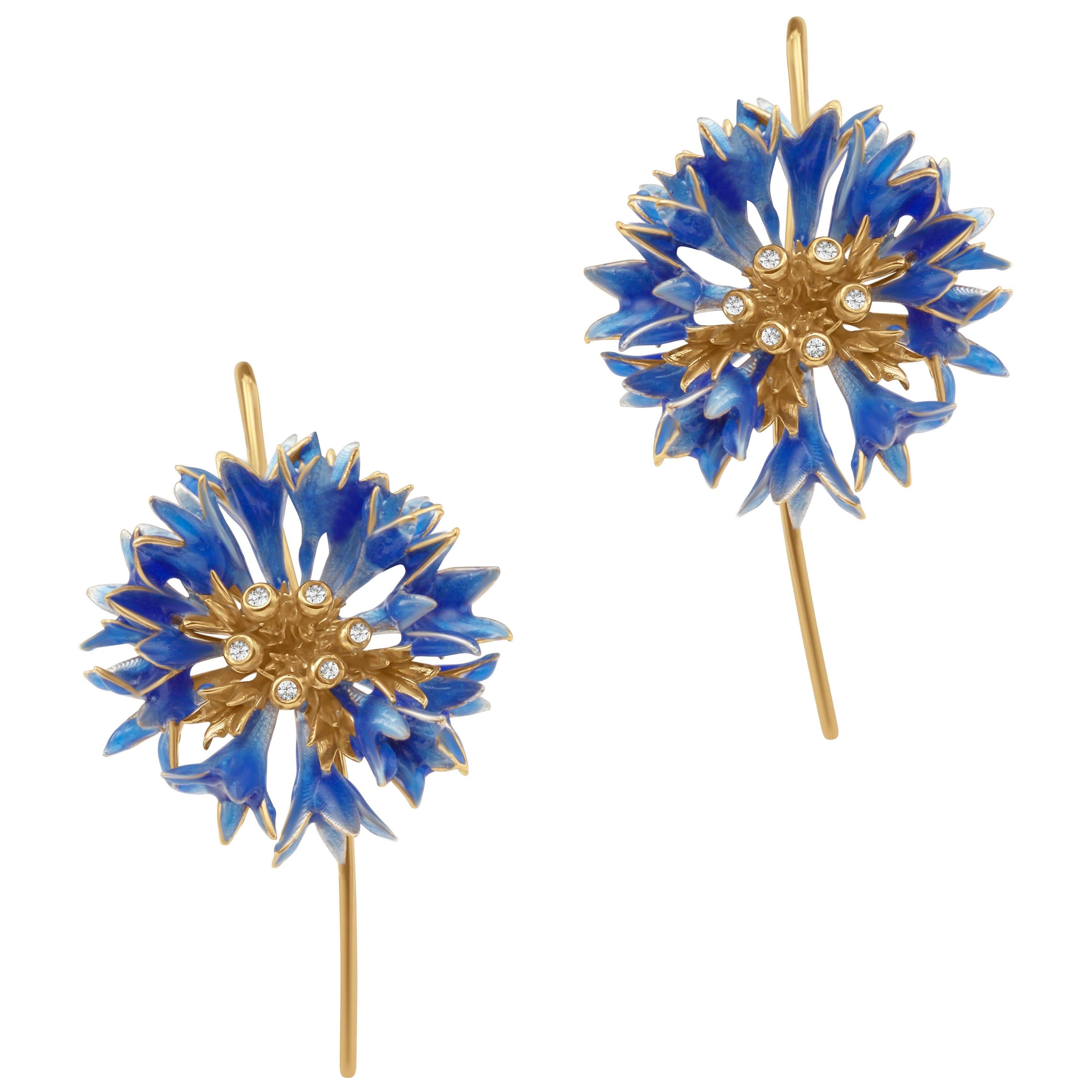 Orecchini Fiordaliso, argento con vermeil d'oro 24k, diamanti e smalto sfumato in vendita